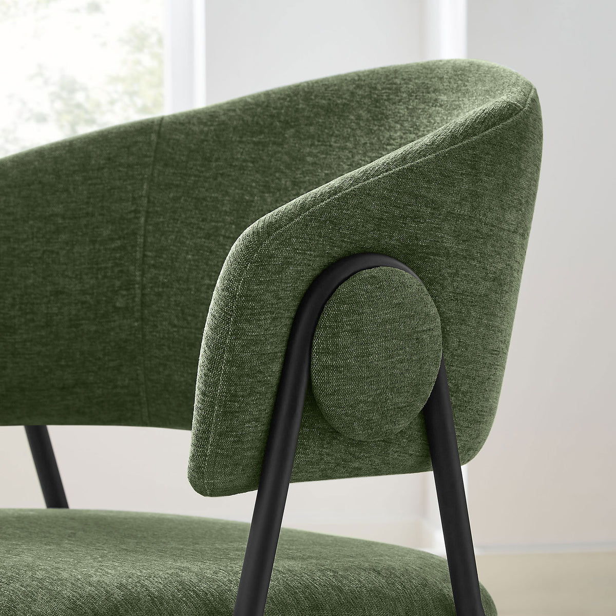 Barrel arm green chenille dining chair with round side button accent and slender black metal leg || EEI-7045-EUC-BLK || detail_room