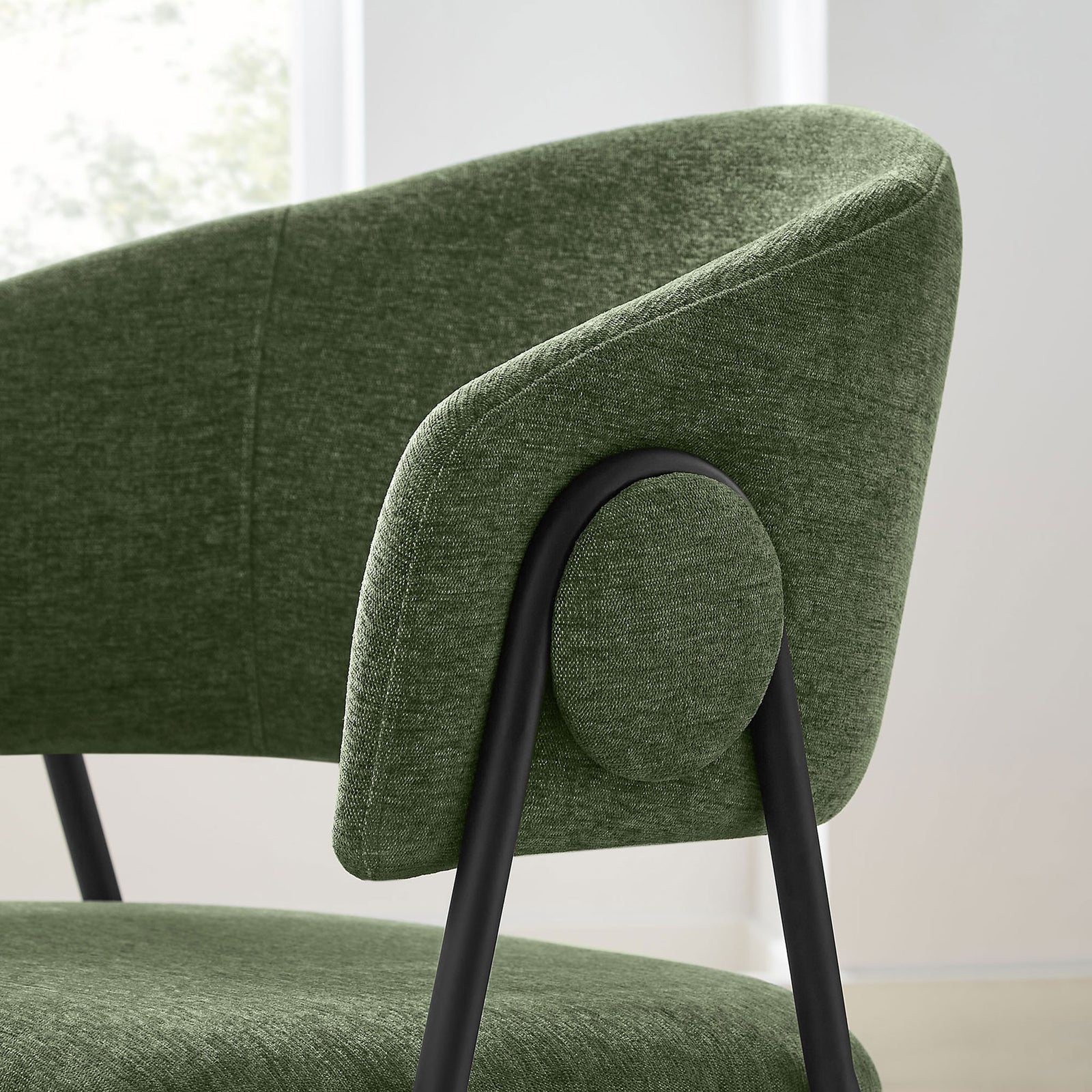 Barrel arm green chenille dining chair with round side button accent and slender black metal leg || EEI-7045-EUC-BLK || detail_room