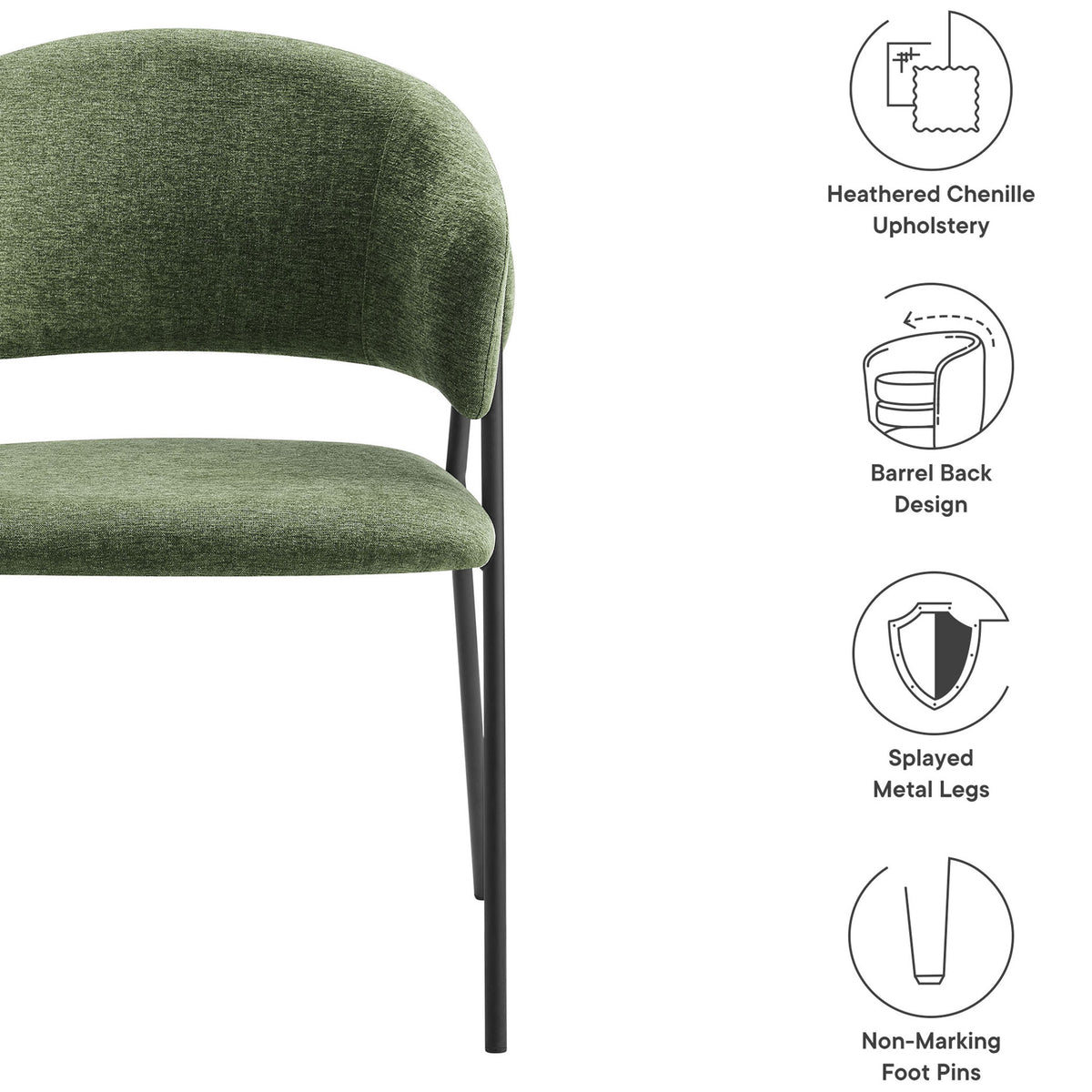 Green chenille dining chair highlighting barrel back design, splayed black legs, and non marking floor friendly feet || EEI-7045-EUC-BLK || callout_studio