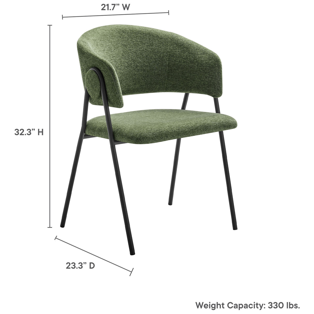 Green chenille dining chair with barrel back and black legs shown with dimensions and 330 lb weight capacity || EEI-7045-EUC-BLK || dimension_studio