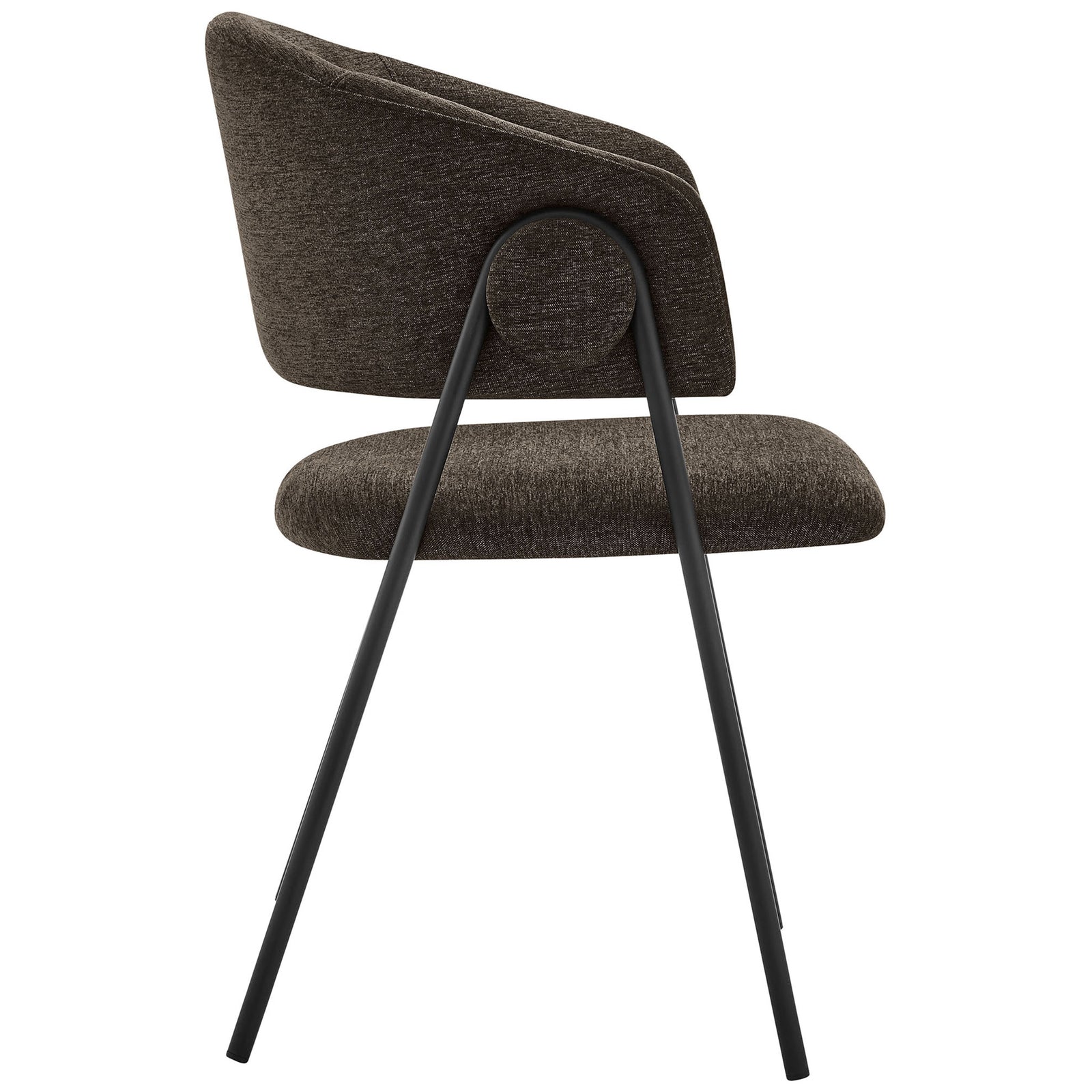 Side profile of Nella java black dining chair showing barrel backrest and tapered metal legs || EEI-7045-JAV-BLK || side_studio