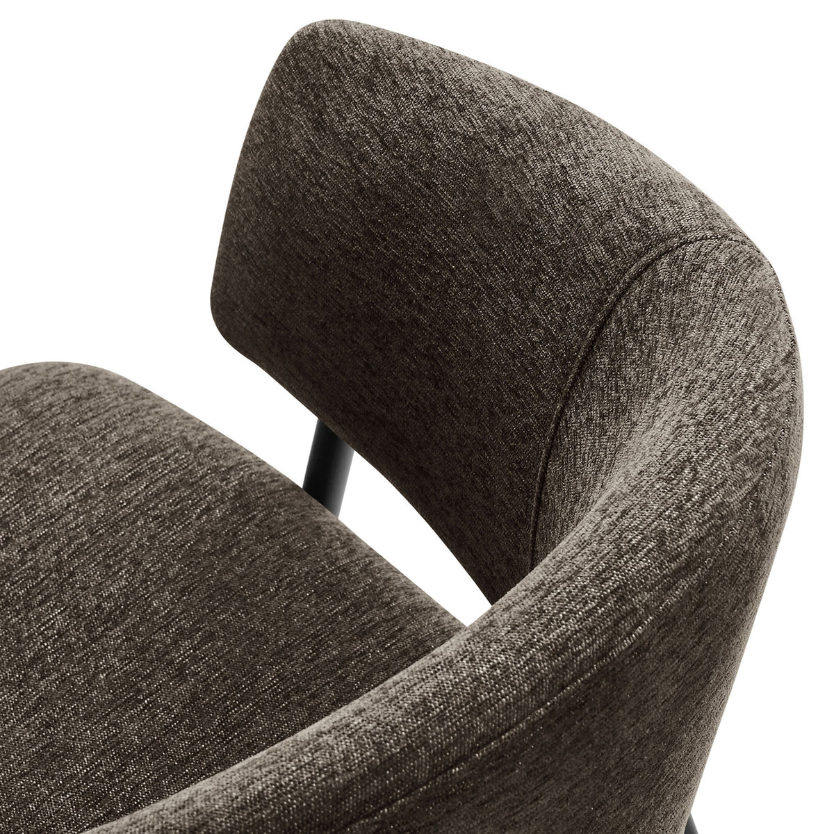 Heathered chenille upholstery and curved barrel back of the Nella java black dining chair || EEI-7045-JAV-BLK || detail_studio