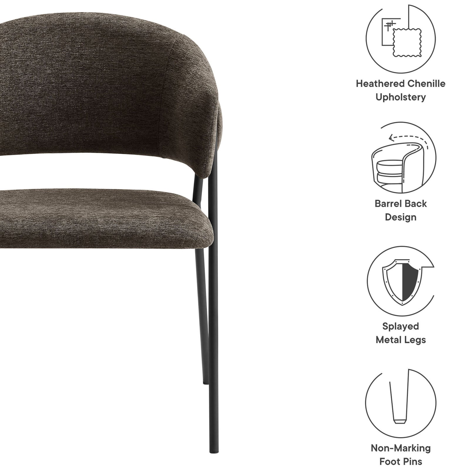 Nella dining chair features heathered chenille, barrel back design, splayed metal legs, and floor friendly pins || EEI-7045-JAV-BLK || callout_studio