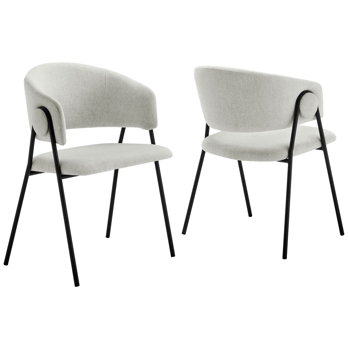 Pair of heathered chenille barrel dining chairs with open sides and slender black metal legs || EEI-7045-NPT-BLK || front_angle_multi_studio