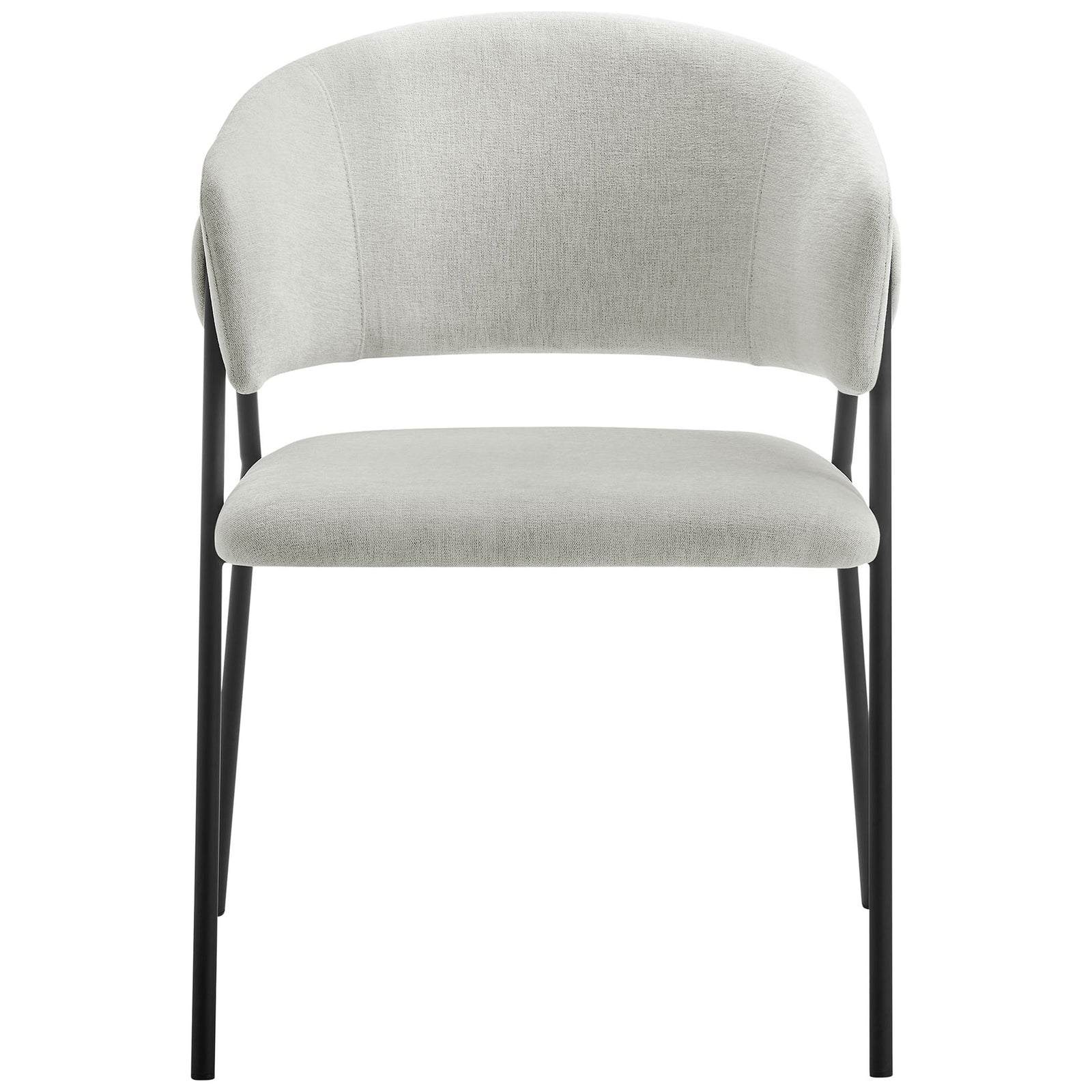 Upholstered dining chair with padded seat, barrel backrest, and modern black metal legs || EEI-7045-NPT-BLK || front_studio