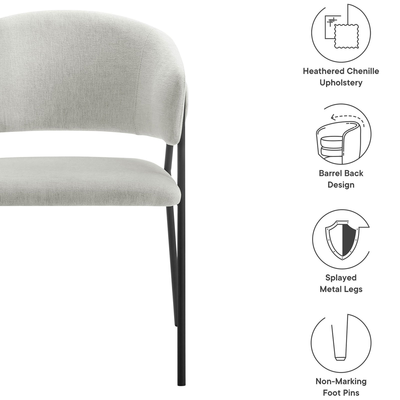 Upholstered dining chair with barrel back beside icons for chenille fabric, metal legs, and foot pins || EEI-7045-NPT-BLK || callout_studio