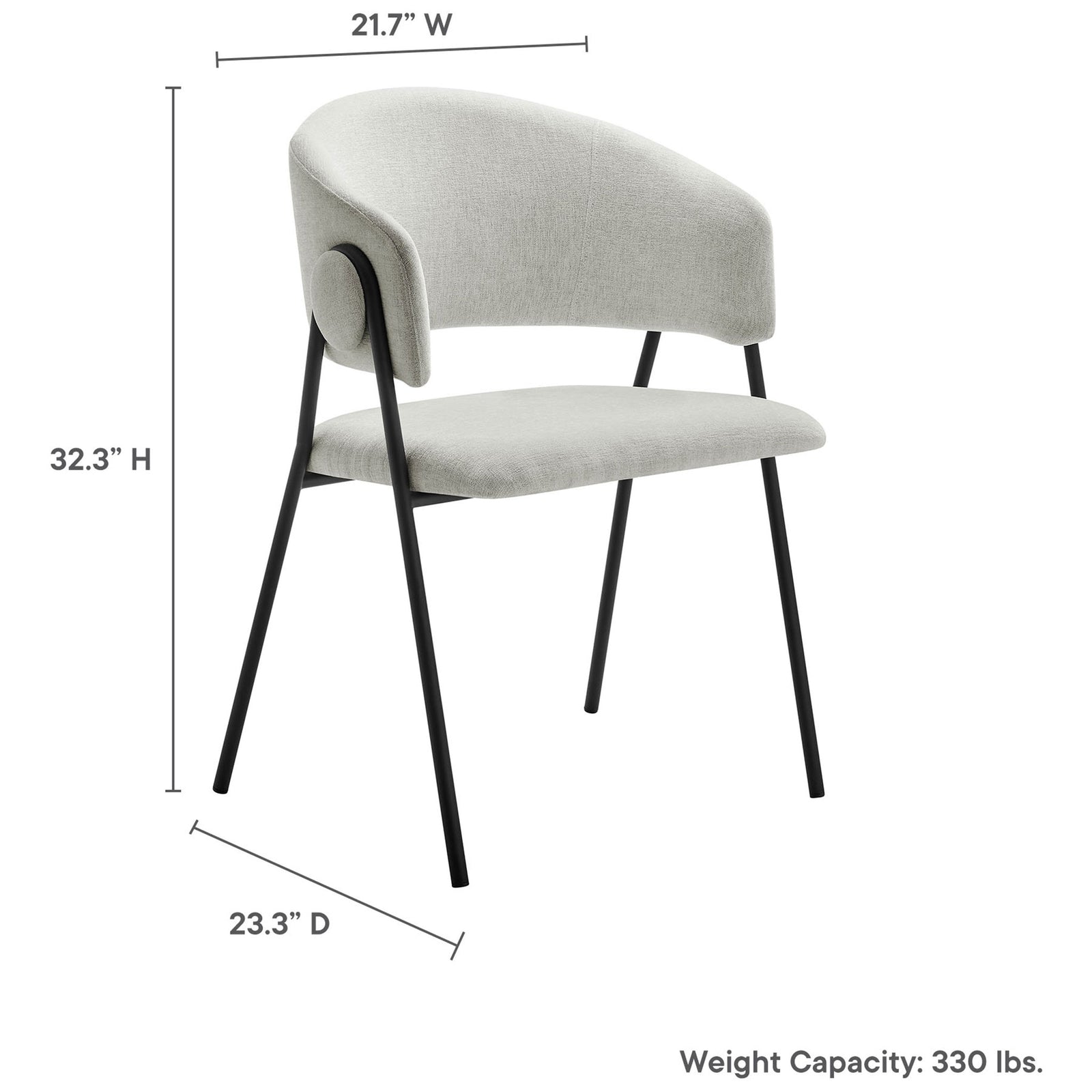Dining chair with curved backrest and black legs alongside dimensions and 330 lb weight capacity text || EEI-7045-NPT-BLK || dimension_studio