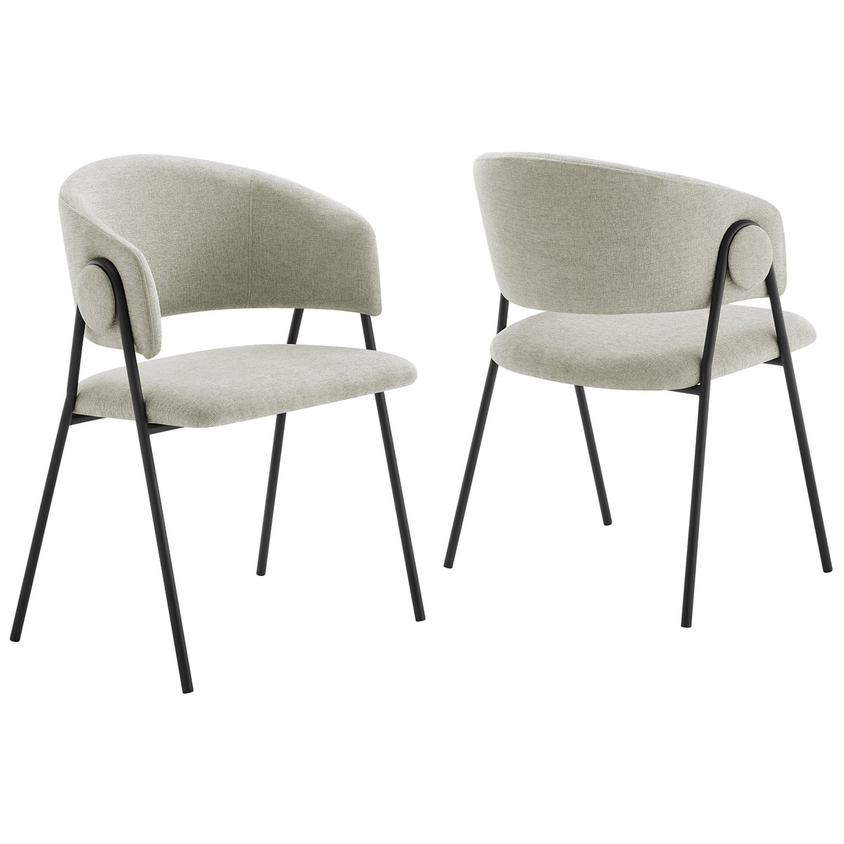 Set of two taupe chenille barrel dining chairs with black splayed metal legs. || EEI-7045-TAU-BLK || front_angle_multi_studio