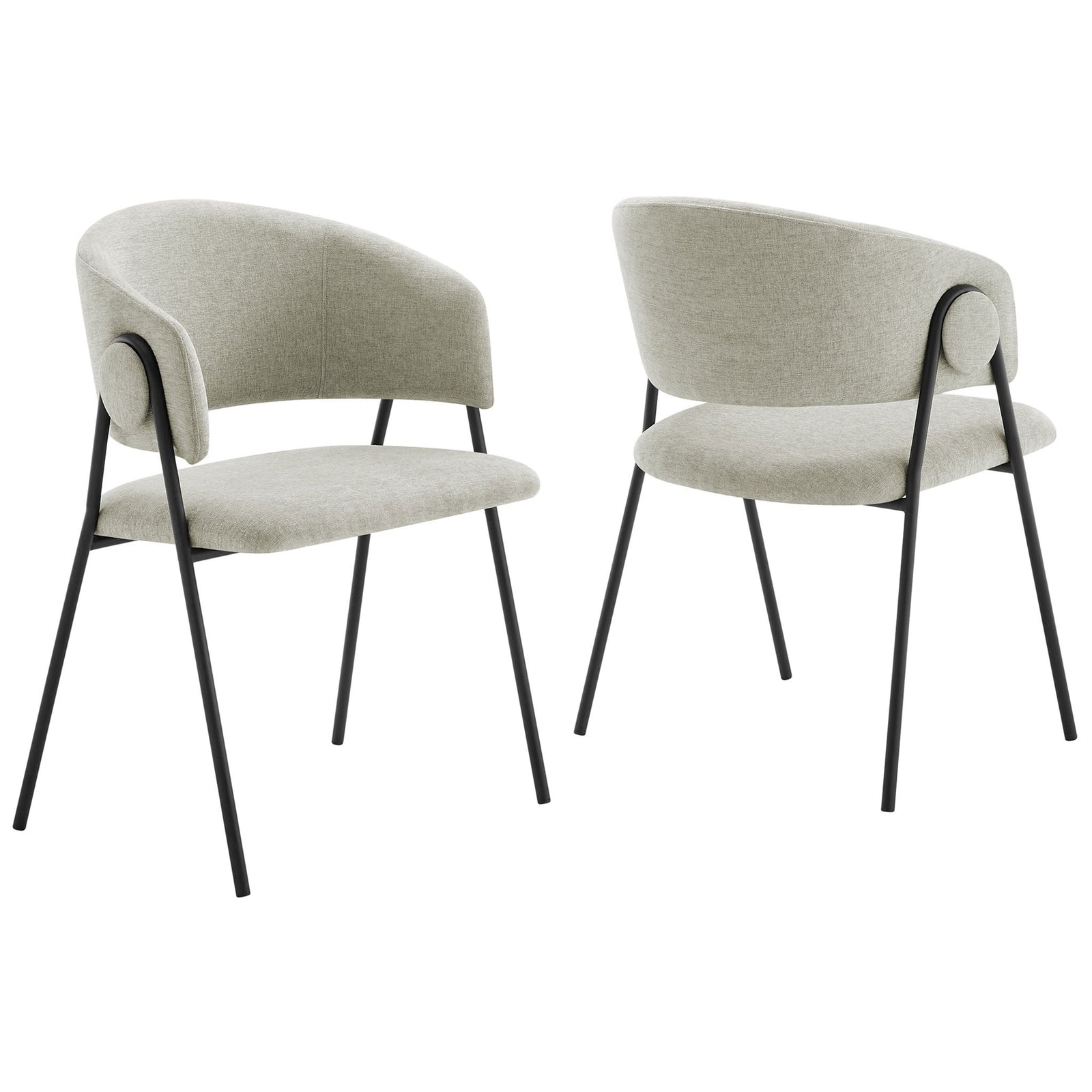Set of two taupe chenille barrel dining chairs with black splayed metal legs. || EEI-7045-TAU-BLK || front_angle_multi_studio