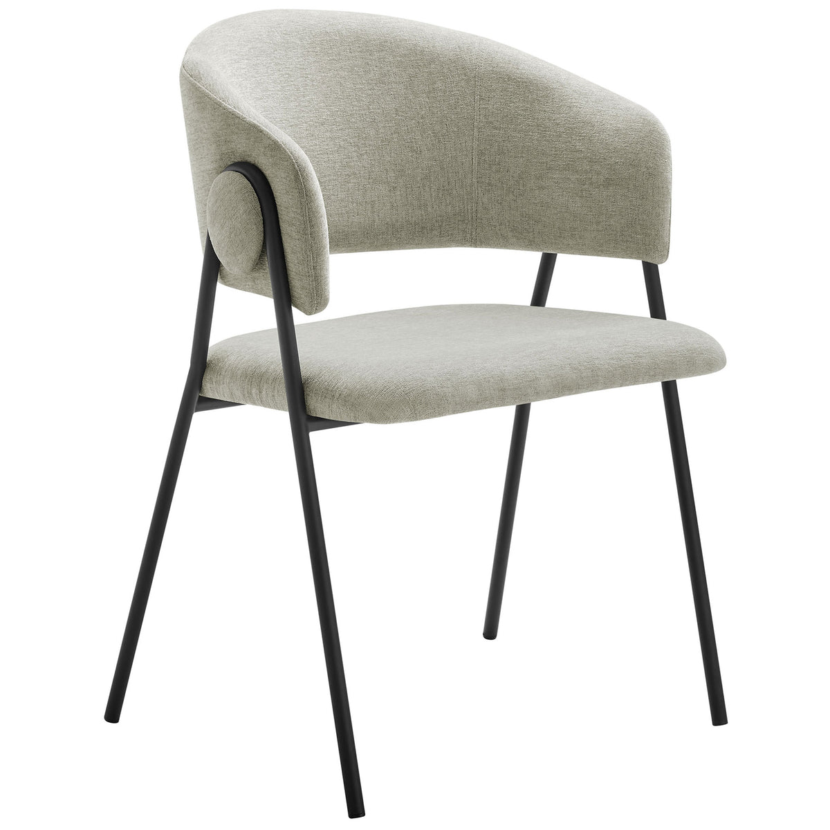 Curved taupe chenille dining chair with open back and slim black metal legs. || EEI-7045-TAU-BLK || front_angle_studio