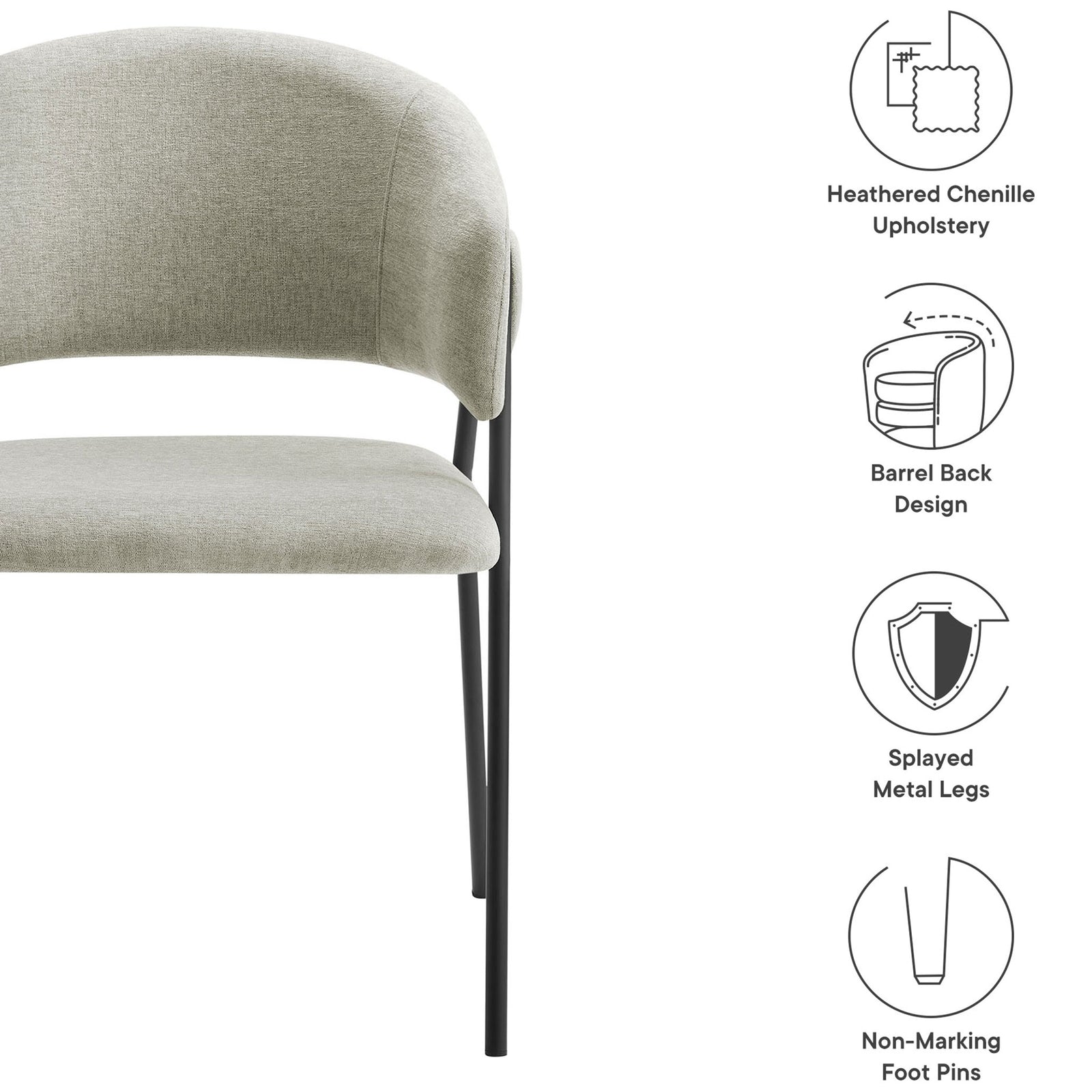 Feature highlights of the taupe chenille dining chair with barrel back and splayed metal legs. || EEI-7045-TAU-BLK || callout_studio