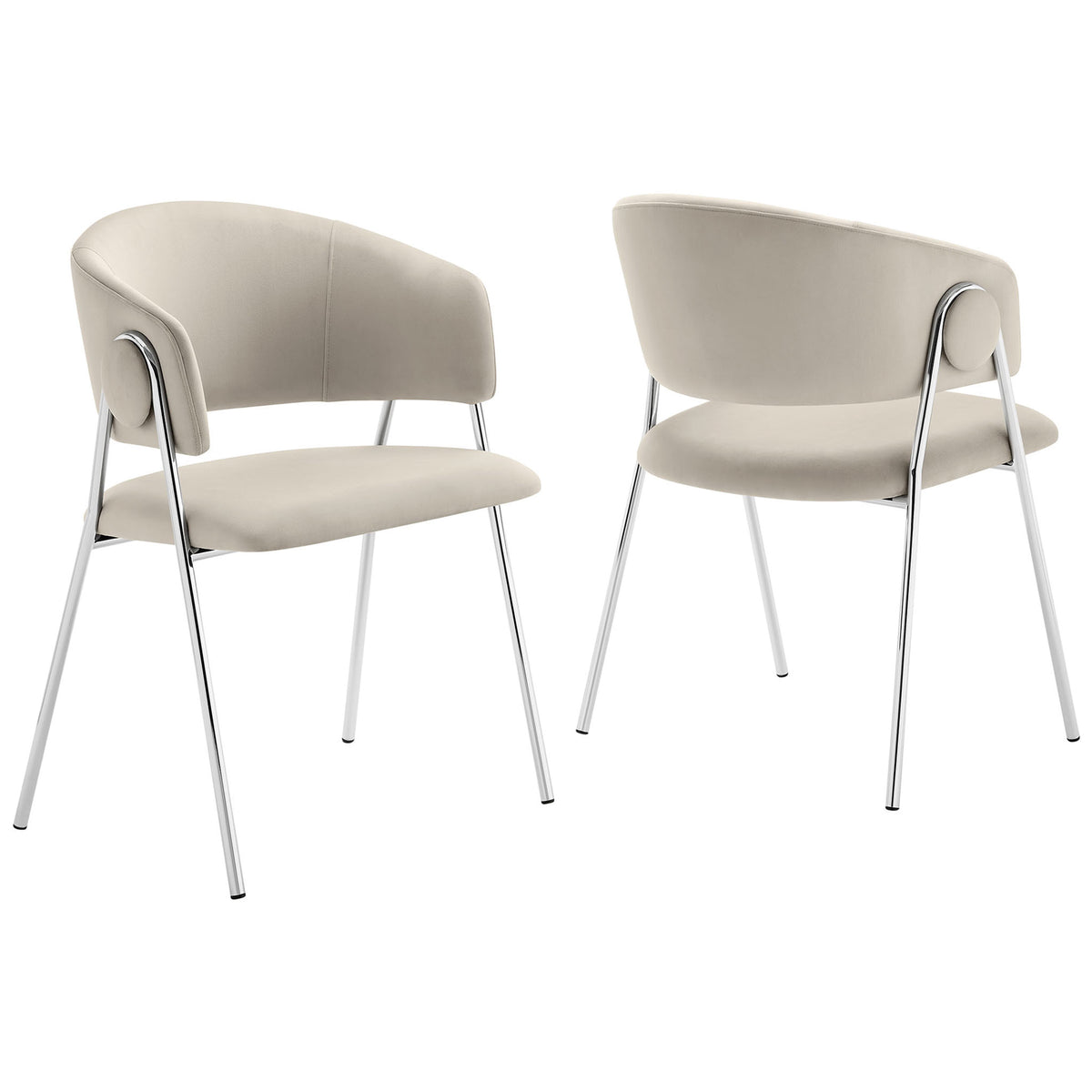 Set of two almond silver velvet dining chairs with barrel backs and chrome legs for a chic modern dining space. || EEI-7046-ALM-SLV || front_angle_multi_studio
