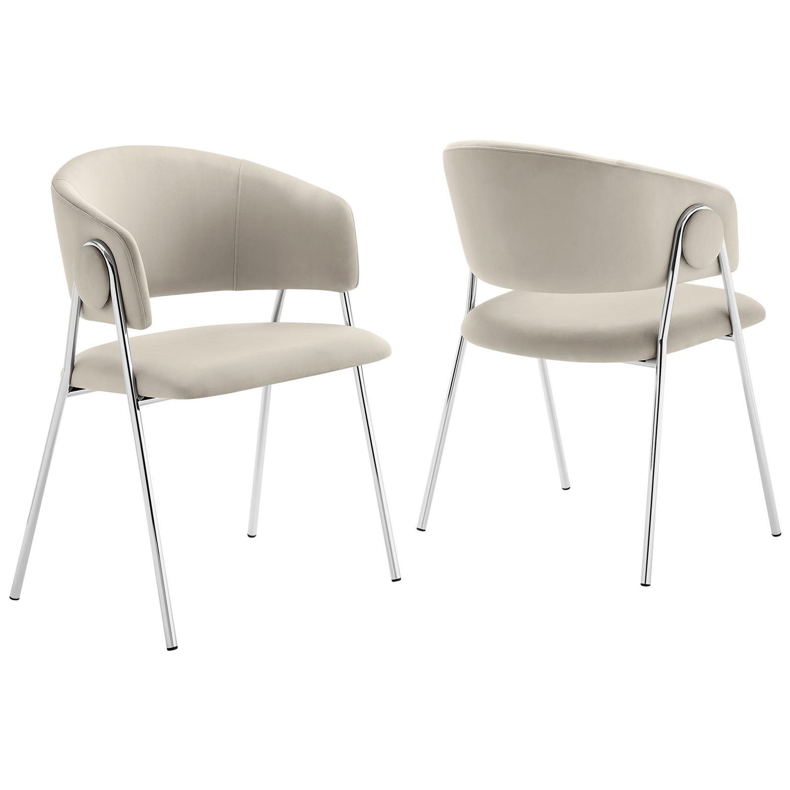 Set of two almond silver velvet dining chairs with barrel backs and chrome legs for a chic modern dining space. || EEI-7046-ALM-SLV || front_angle_multi_studio