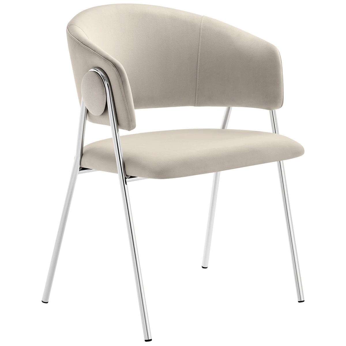Almond silver performance velvet dining chair showcasing the open back barrel silhouette and round side accents. || EEI-7046-ALM-SLV || front_angle_studio