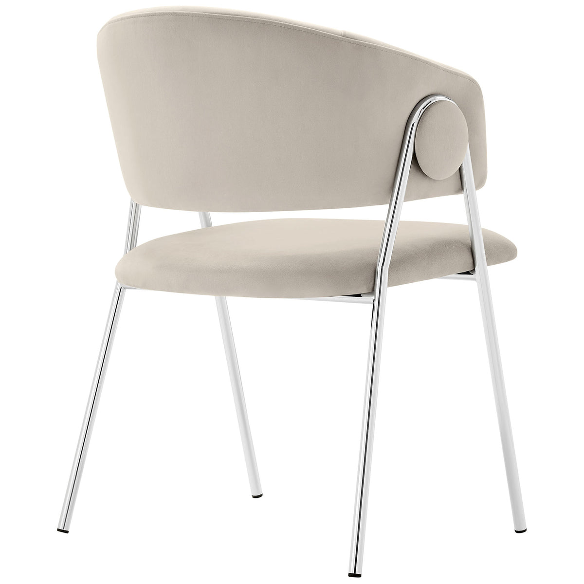 Almond silver velvet dining chair highlighting the smooth curved back and polished chrome frame detail. || EEI-7046-ALM-SLV || back_angle_studio
