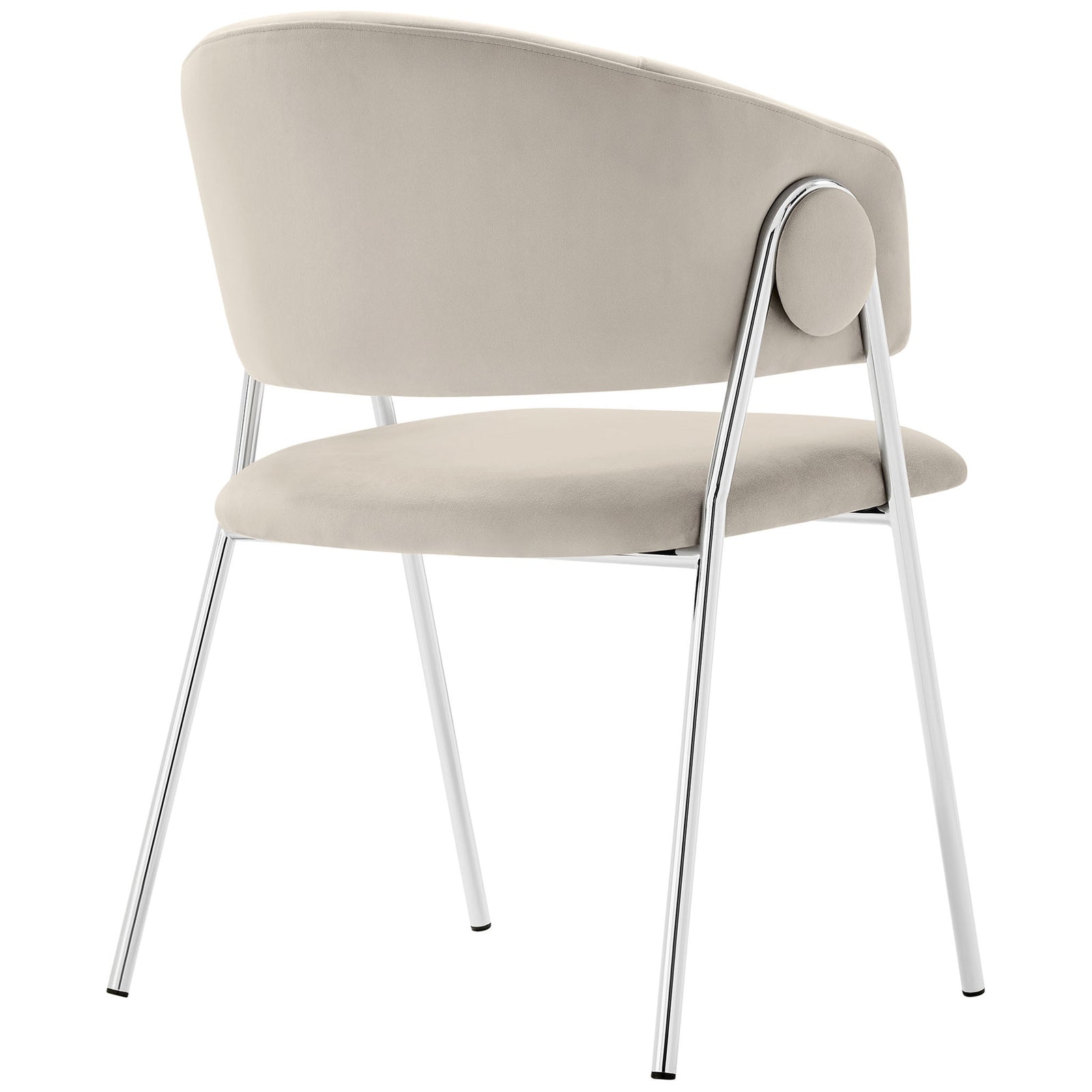 Almond silver velvet dining chair highlighting the smooth curved back and polished chrome frame detail. || EEI-7046-ALM-SLV || back_angle_studio