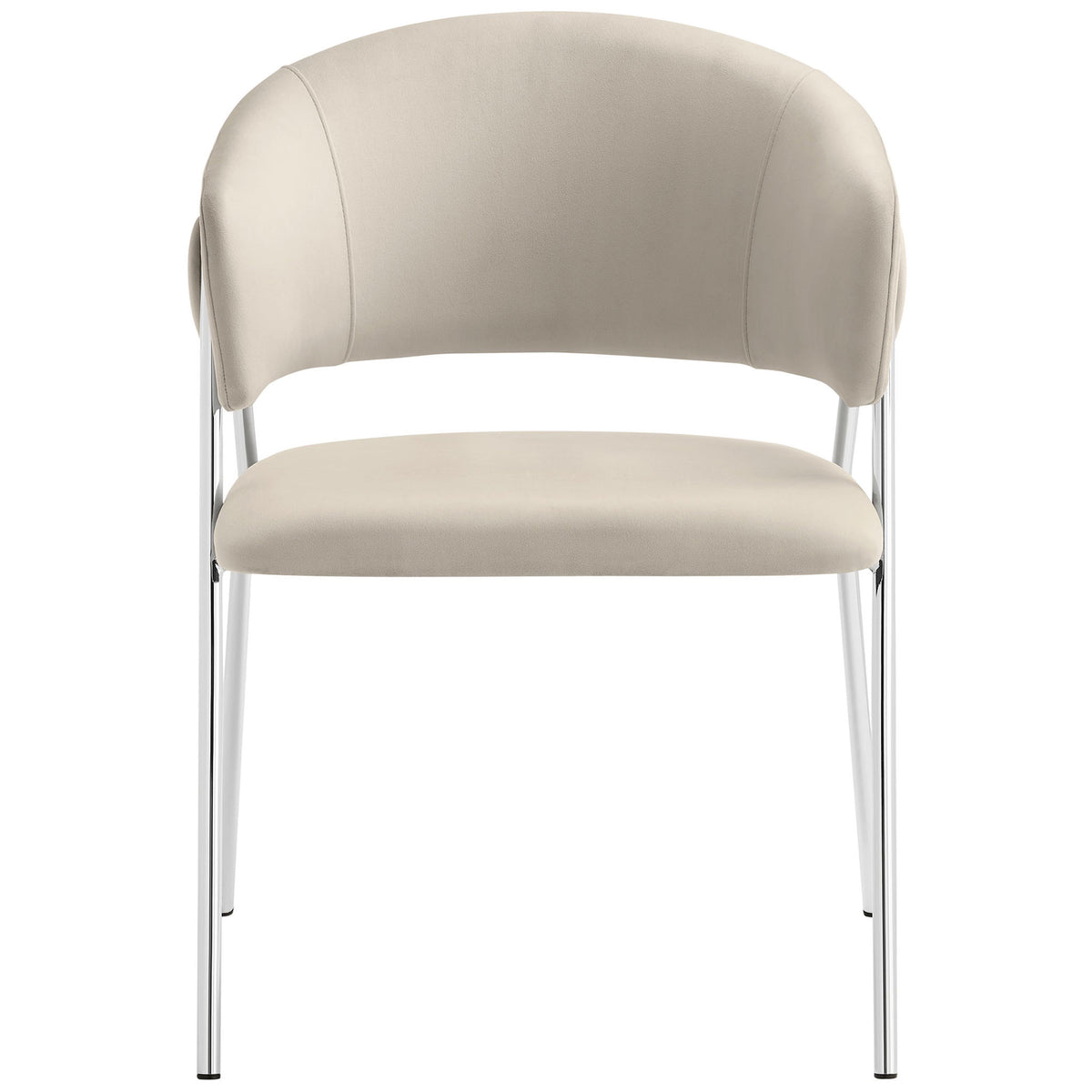 Almond silver velvet dining chair with curved barrel back and slender chrome legs for modern comfort. || EEI-7046-ALM-SLV || front_studio