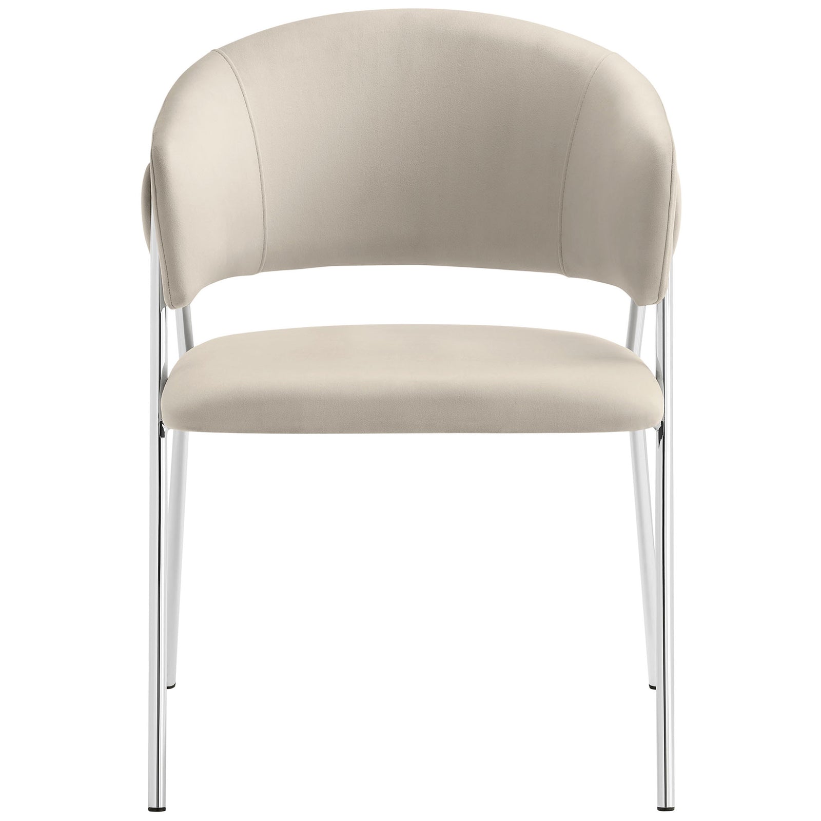 Almond silver velvet dining chair with curved barrel back and slender chrome legs for modern comfort. || EEI-7046-ALM-SLV || front_studio