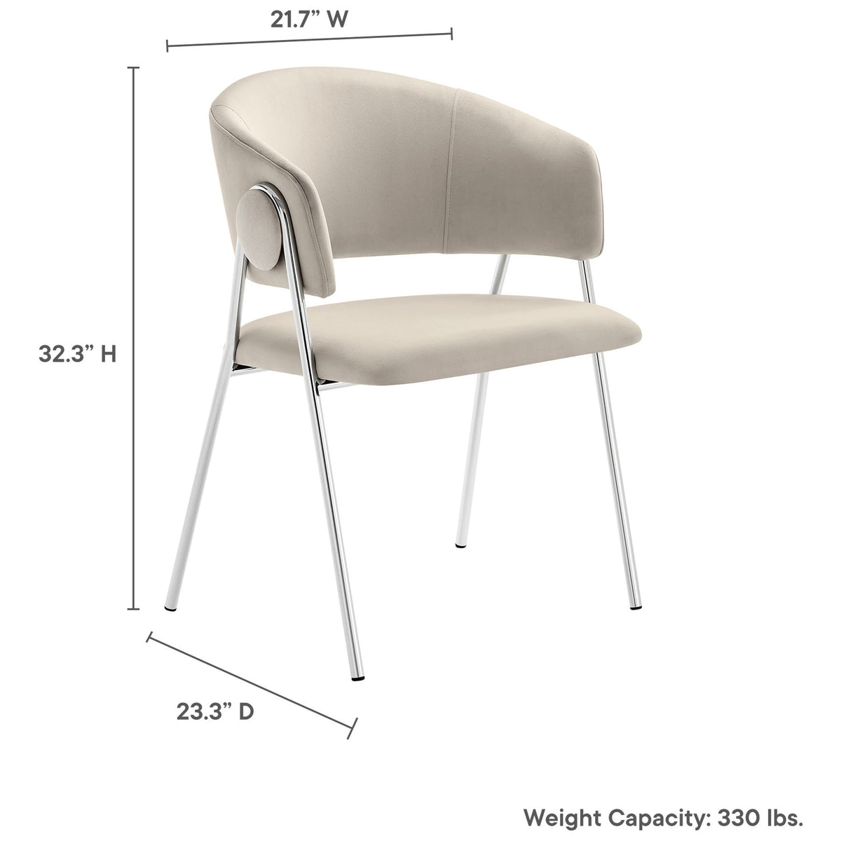 Almond silver velvet dining chair with measurements and 330 lb weight capacity shown for size and support details. || EEI-7046-ALM-SLV || dimension_studio