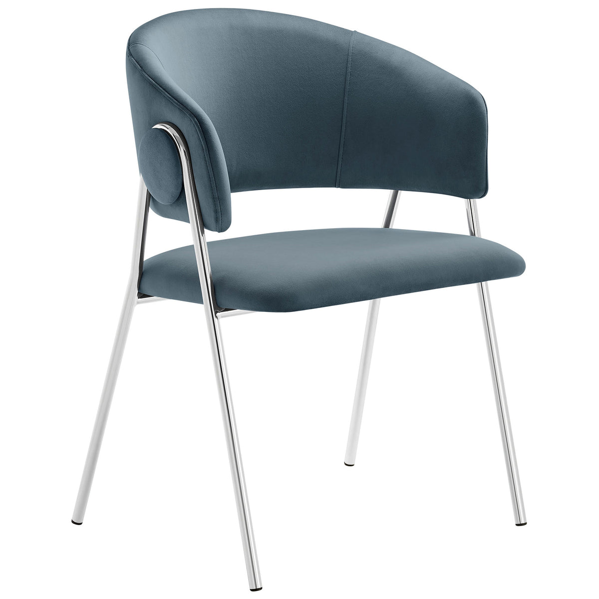 Cadet blue velvet dining chair highlighting the plush seat, curved barrel back, and slim chrome legs. || EEI-7046-CAD-SLV || front_angle_studio