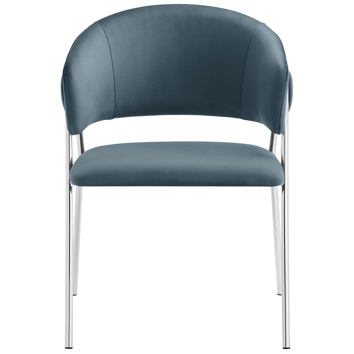 Cadet blue velvet dining chair with curved barrel back and slim chrome legs for modern seating. || EEI-7046-CAD-SLV || front_studio