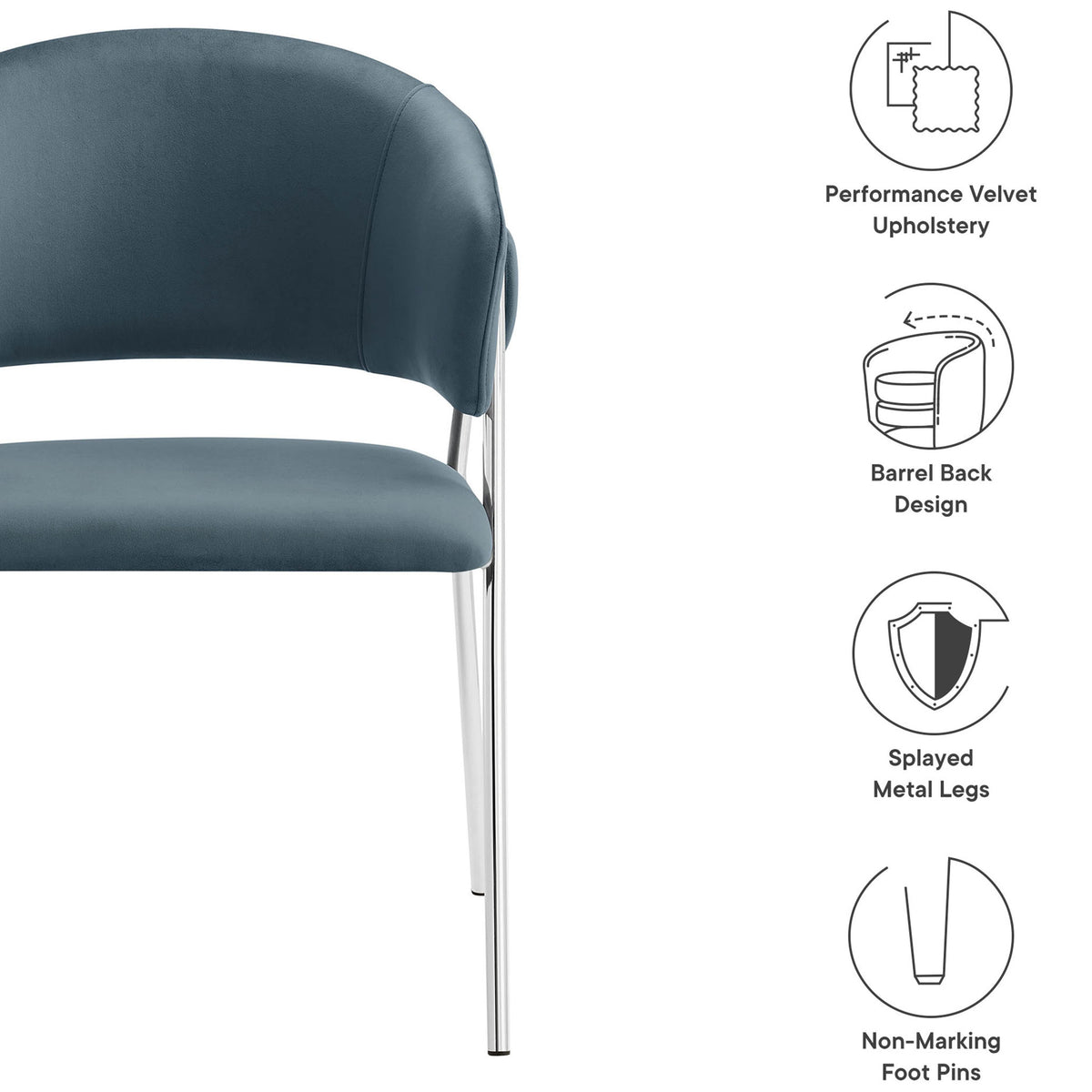 Velvet dining chair with icons highlighting barrel back design, splayed metal legs, and non-marking foot pins. || EEI-7046-CAD-SLV || callout_studio