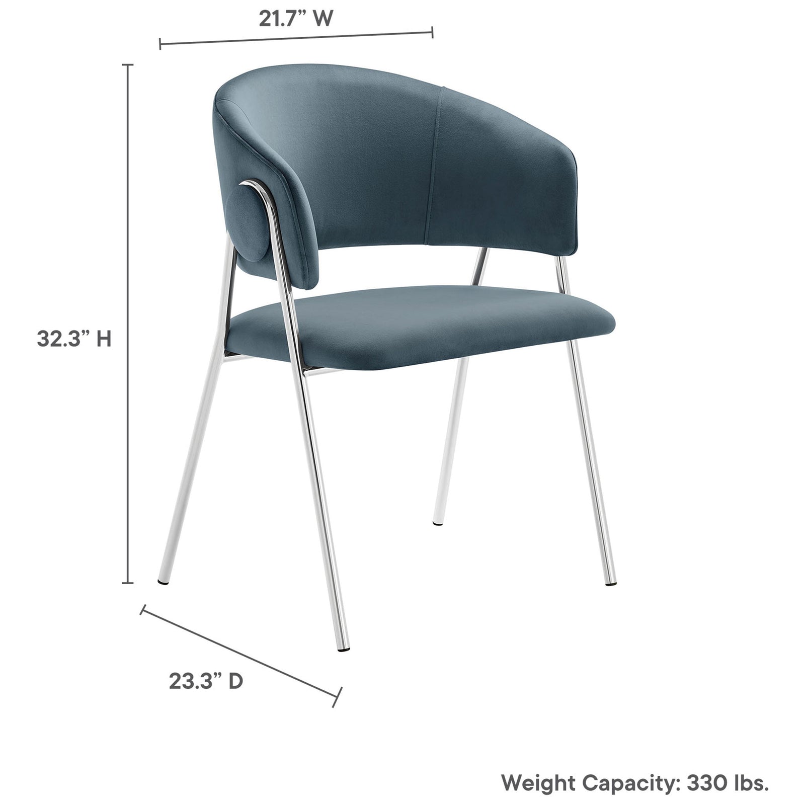 Cadet blue velvet dining chair with printed measurements and weight capacity for easy size reference. || EEI-7046-CAD-SLV || dimension_studio