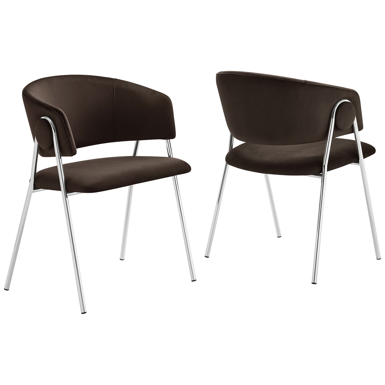 Pair of chocolate brown velvet dining chairs with chrome legs bringing sleek mid-century style to your space. || EEI-7046-CHB-SLV || front_angle_multi_studio