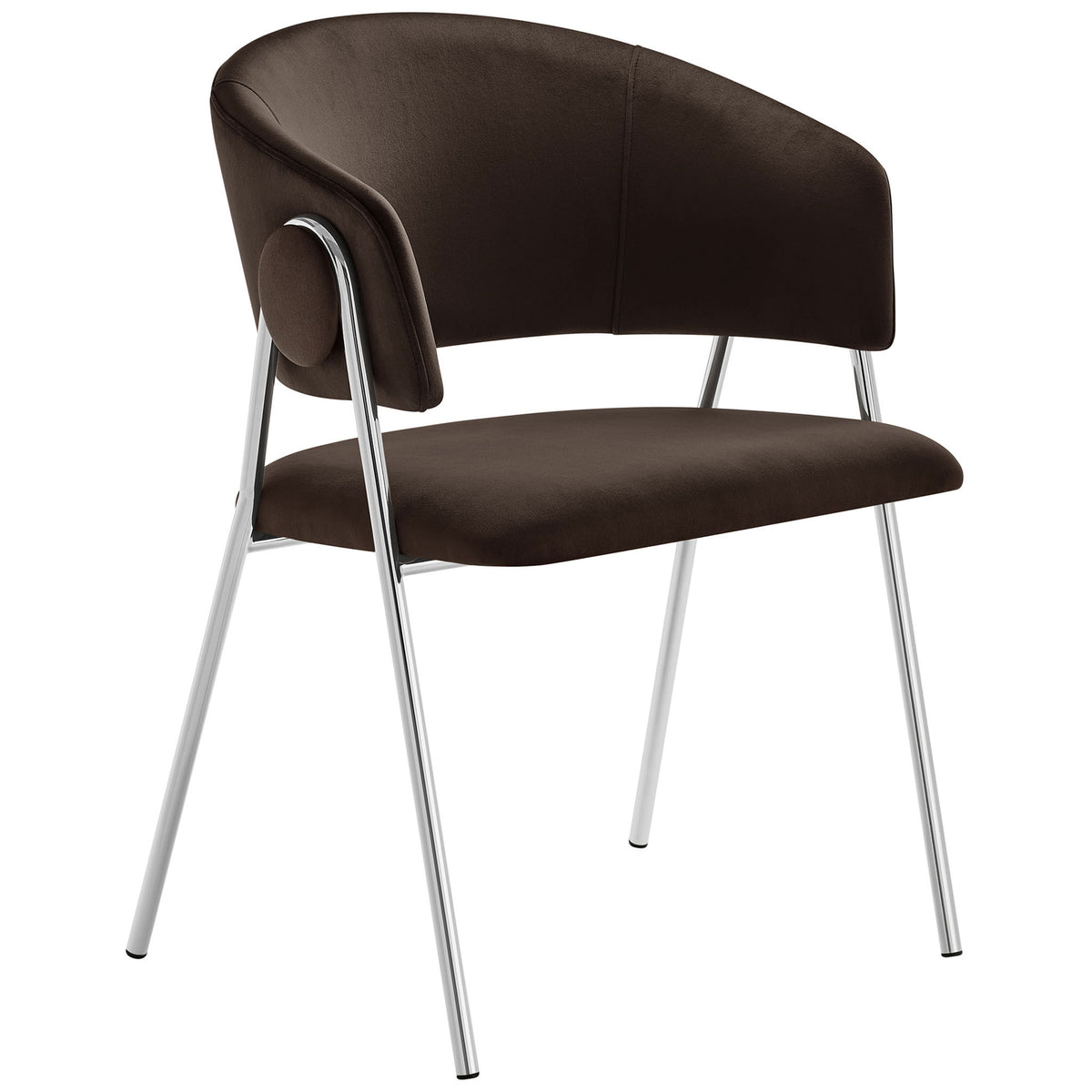 Chocolate brown velvet dining chair with plush seat and wraparound backrest for elevated everyday dining. || EEI-7046-CHB-SLV || front_angle_studio
