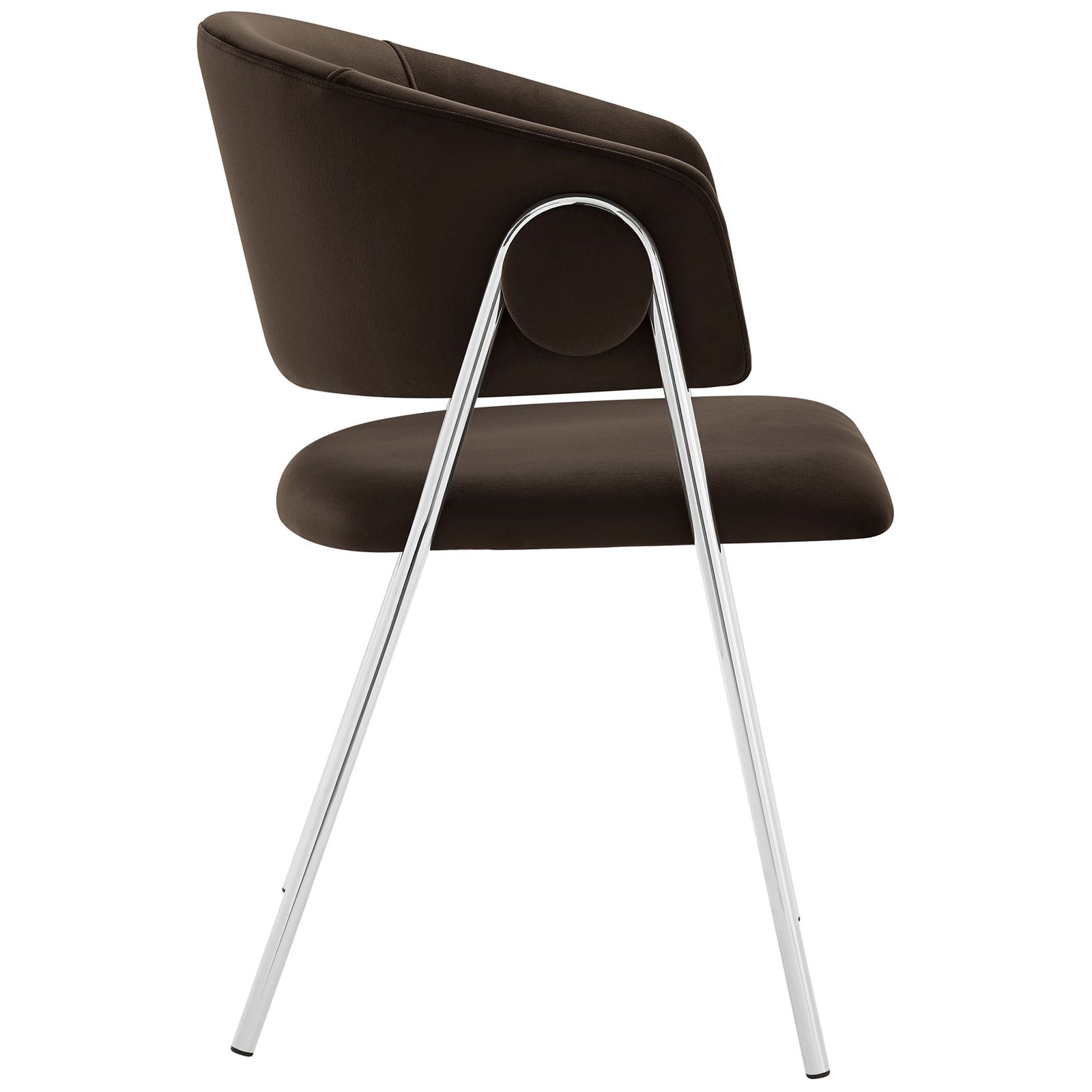 Nella dining chair in chocolate brown velvet featuring a graceful barrel back and gleaming chrome frame. || EEI-7046-CHB-SLV || side_studio