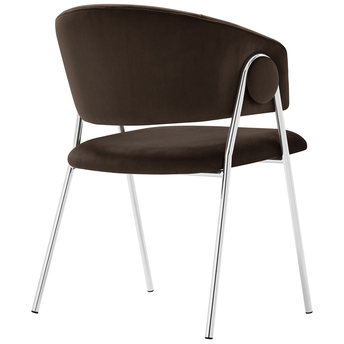 Chocolate brown velvet dining chair with smooth rounded back and polished chrome legs for a refined look. || EEI-7046-CHB-SLV || back_angle_studio