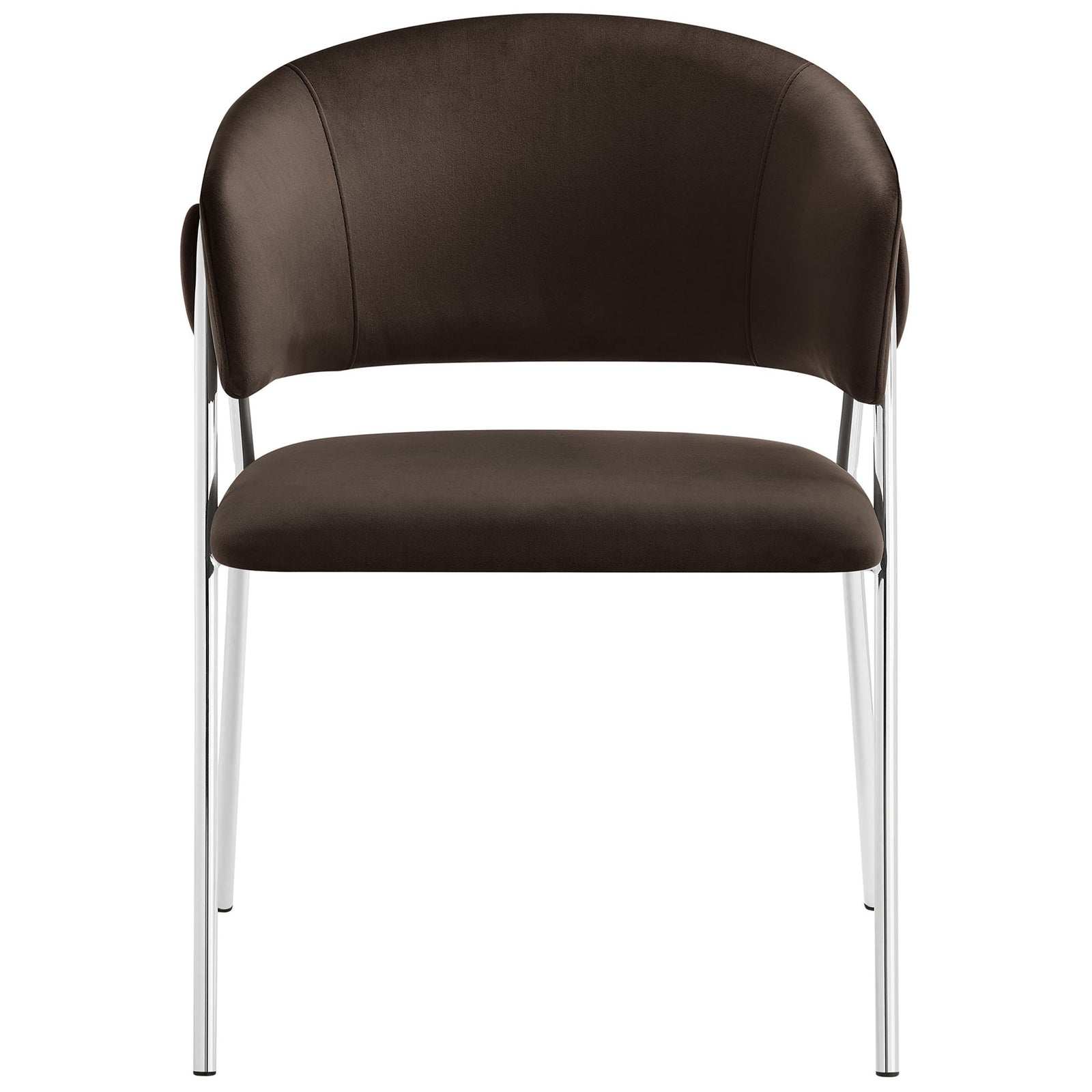 Chocolate brown velvet dining chair with curved barrel back and slender chrome legs for modern comfort. || EEI-7046-CHB-SLV || front_studio