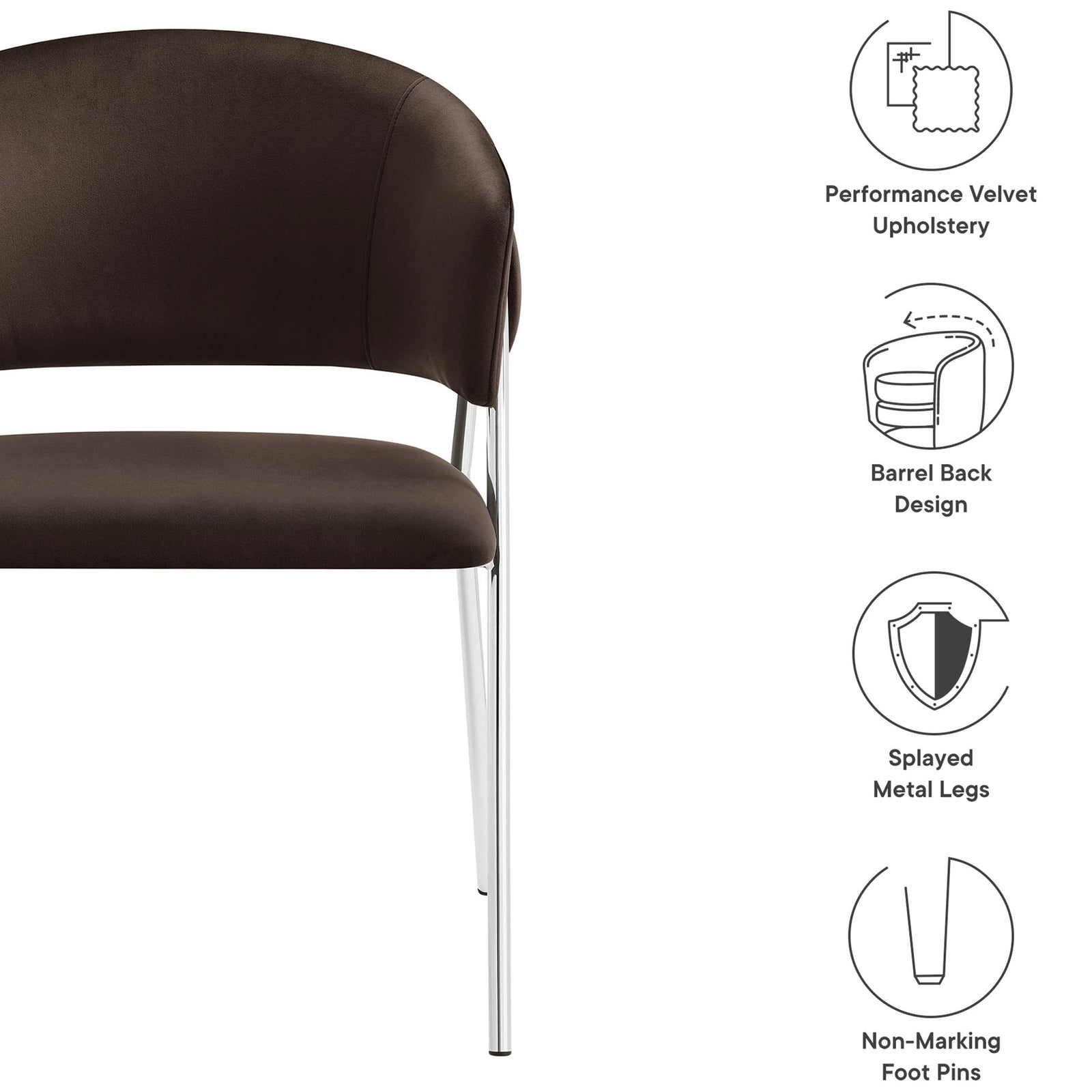 Nella dining chair showcasing its barrel back seat, chrome legs, and soft performance velvet finish. || EEI-7046-CHB-SLV || callout_studio