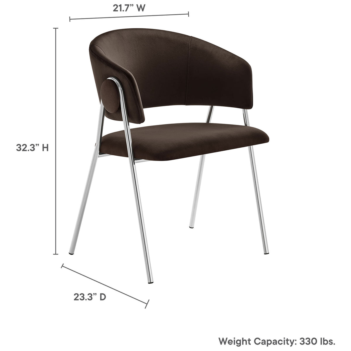 Chocolate brown velvet dining chair emphasizing its spacious seat, wraparound back, and sturdy metal base. || EEI-7046-CHB-SLV || dimension_studio