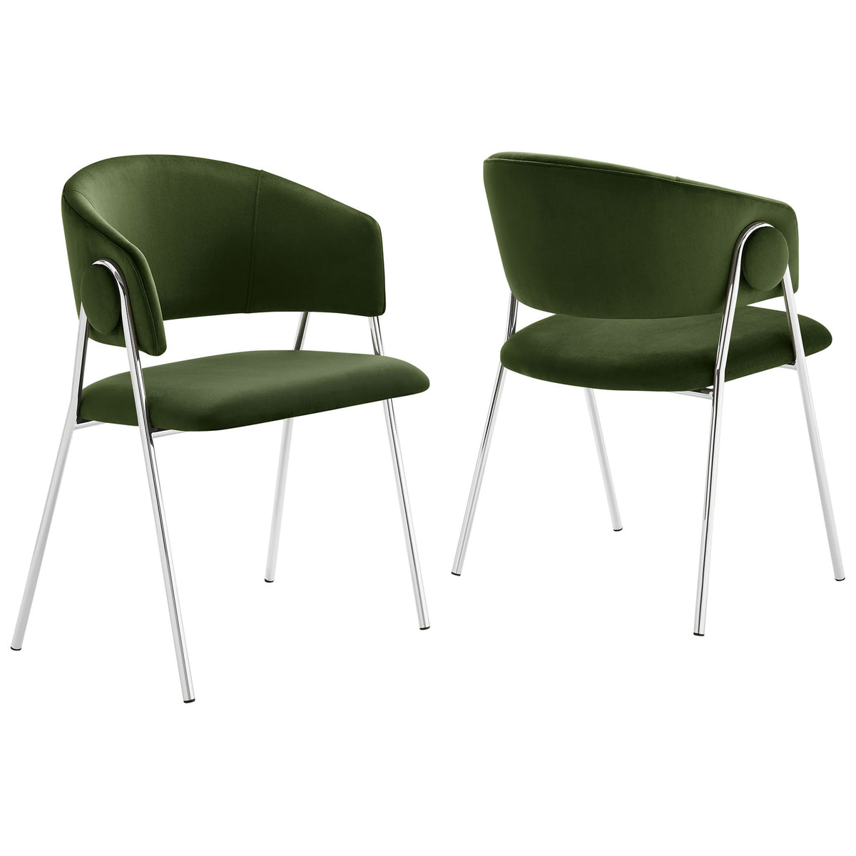 Pair of moss green velvet dining chairs with barrel backs and gleaming silver legs || EEI-7046-MOG-SLV || front_angle_multi_studio