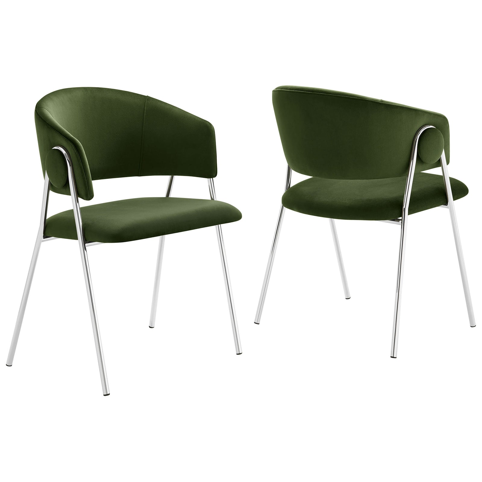Pair of moss green velvet dining chairs with barrel backs and gleaming silver legs || EEI-7046-MOG-SLV || front_angle_multi_studio