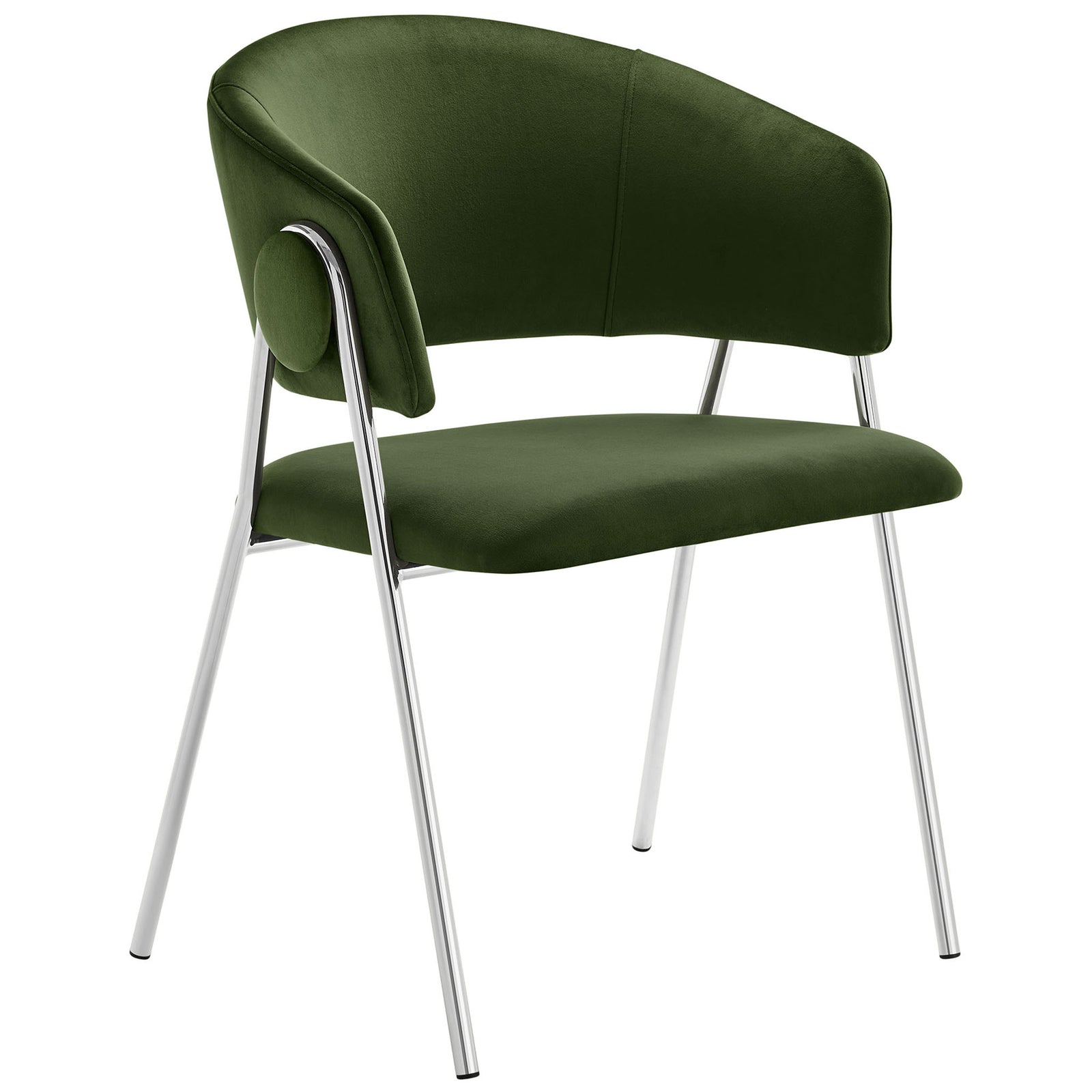 Moss green velvet dining chair with open barrel back and splayed chrome legs || EEI-7046-MOG-SLV || front_angle_studio