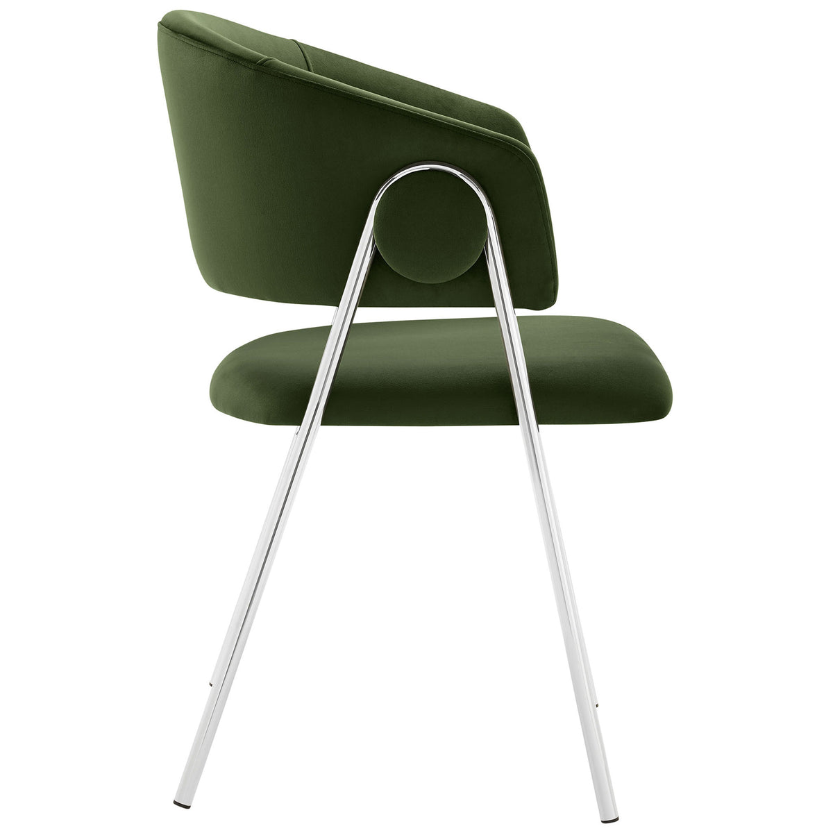 Side profile of velvet barrel chair showing round button detail and slim silver legs || EEI-7046-MOG-SLV || side_studio
