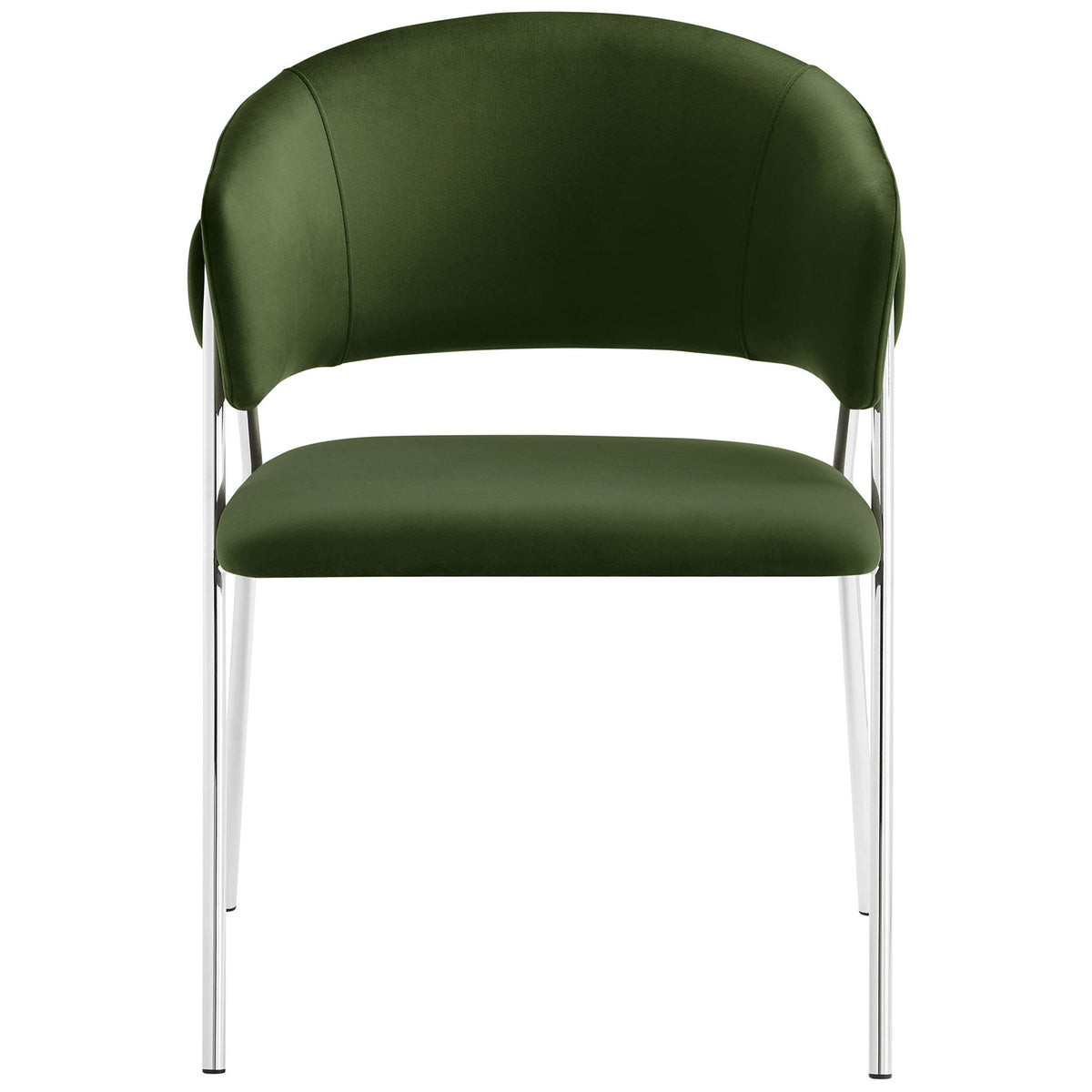 Front view of moss green velvet dining chair with curved barrel back and sleek silver legs || EEI-7046-MOG-SLV || front_studio