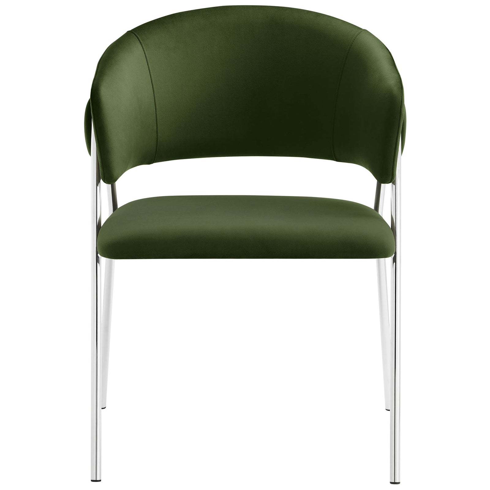 Front view of moss green velvet dining chair with curved barrel back and sleek silver legs || EEI-7046-MOG-SLV || front_studio