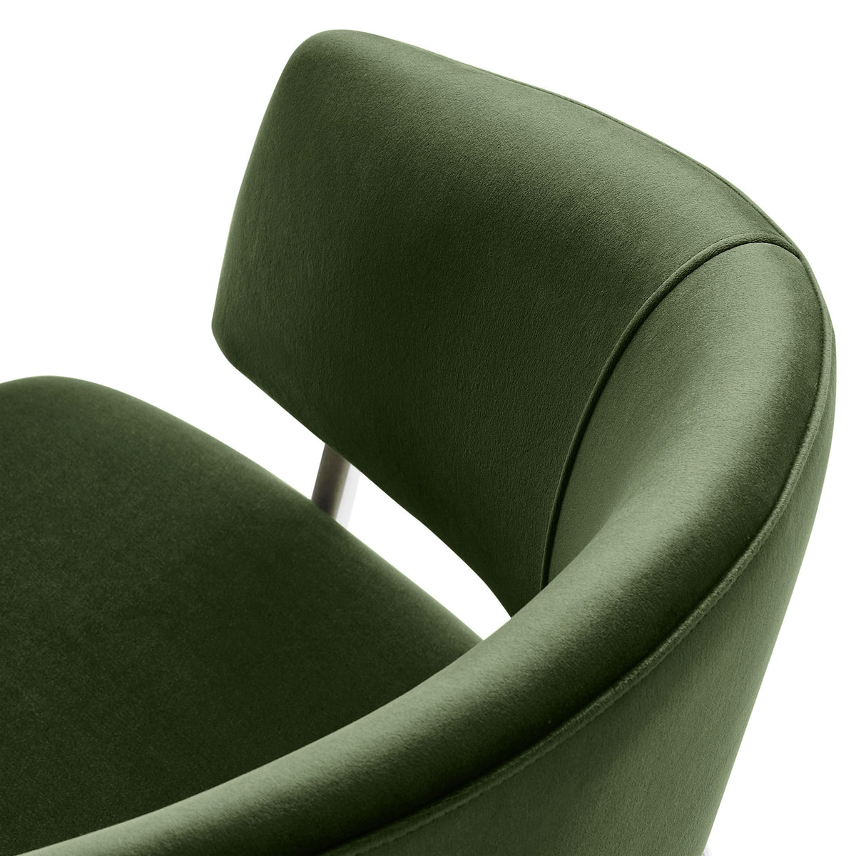 Close view of soft moss green performance velvet upholstery and smooth curved backrest || EEI-7046-MOG-SLV || detail_studio
