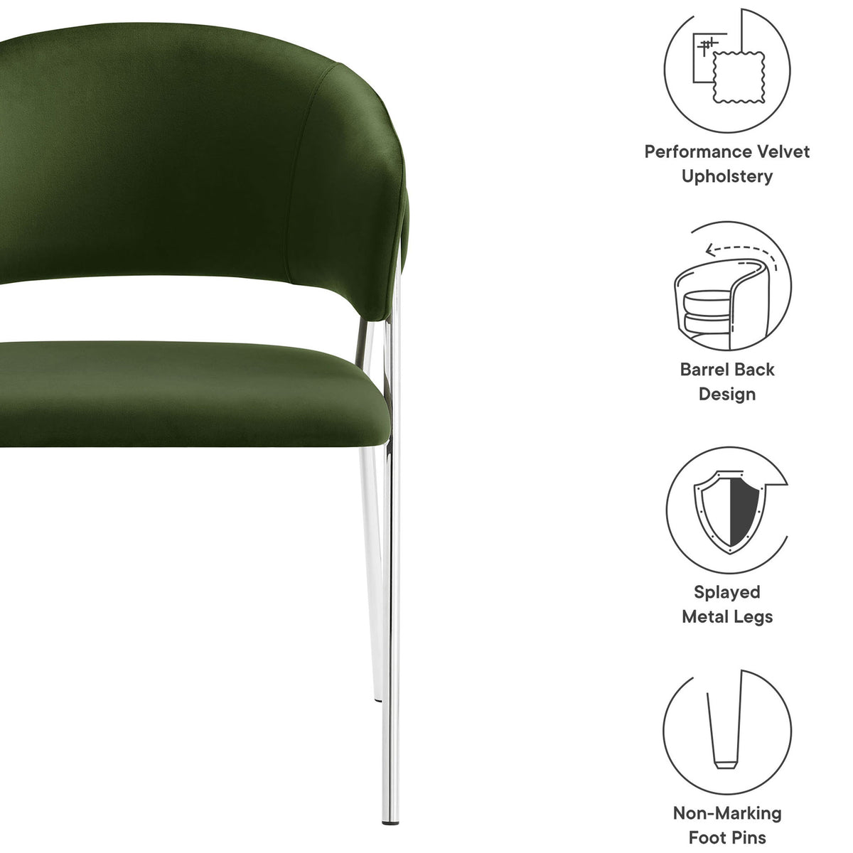 Feature overview of moss green velvet dining chair highlighting barrel back, metal legs, and foot pins || EEI-7046-MOG-SLV || callout_studio
