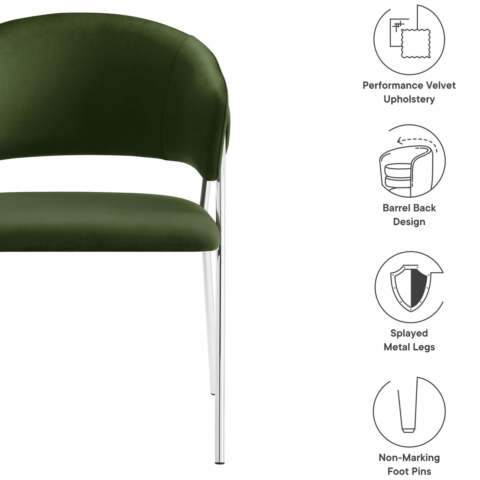 Feature overview of moss green velvet dining chair highlighting barrel back, metal legs, and foot pins || EEI-7046-MOG-SLV || callout_studio