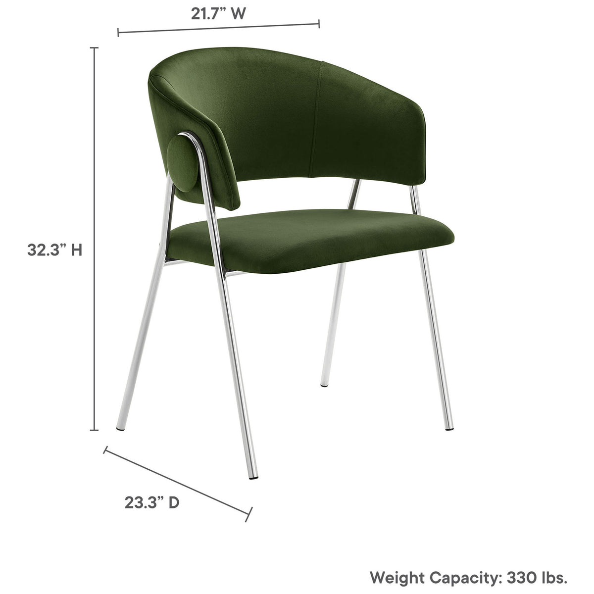 Dimension diagram of moss green velvet dining chair with labeled height, width, depth, and weight capacity || EEI-7046-MOG-SLV || dimension_studio