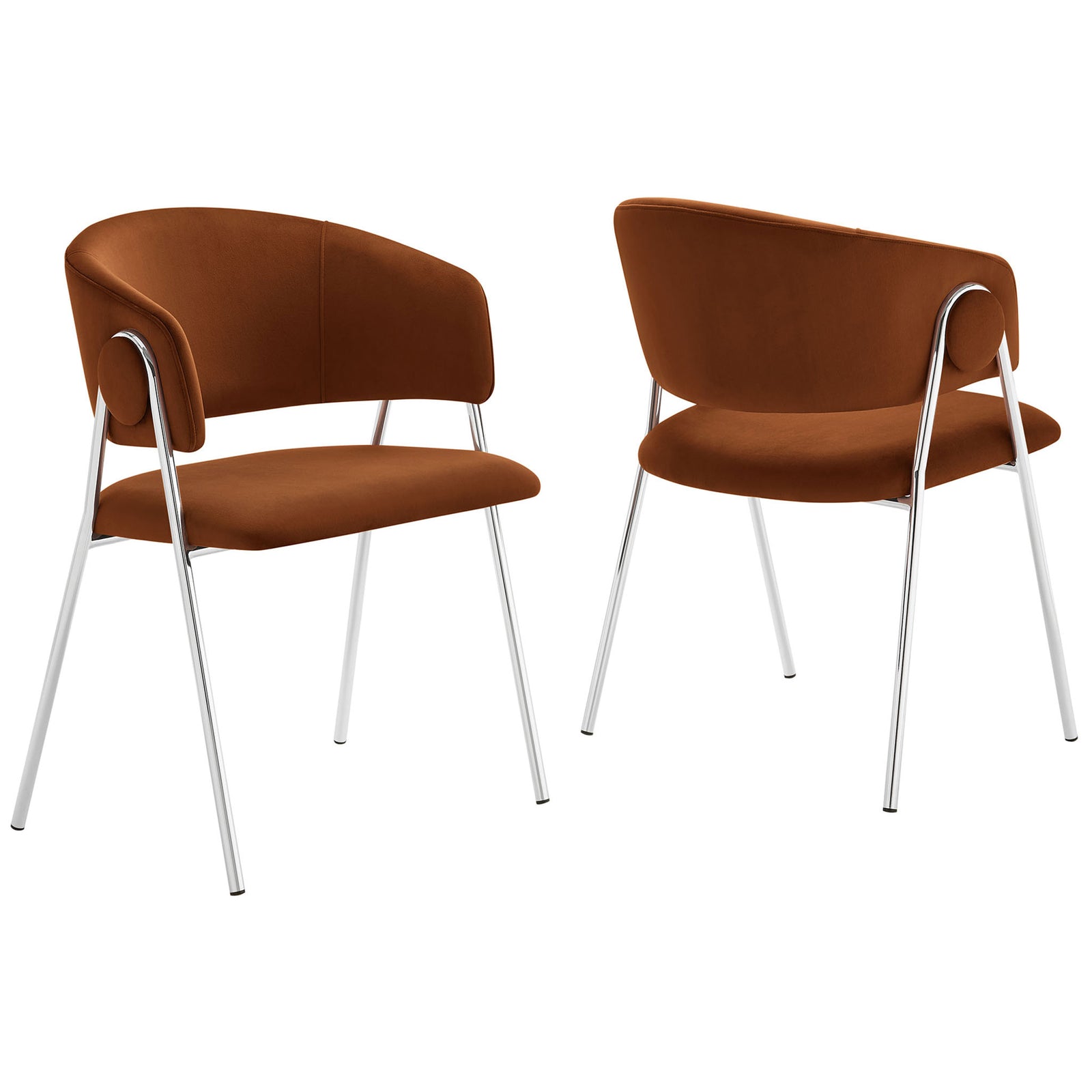 Pair of rust velvet barrel dining chairs with polished silver legs and round button accents || EEI-7046-RUS-SLV || front_angle_multi_studio