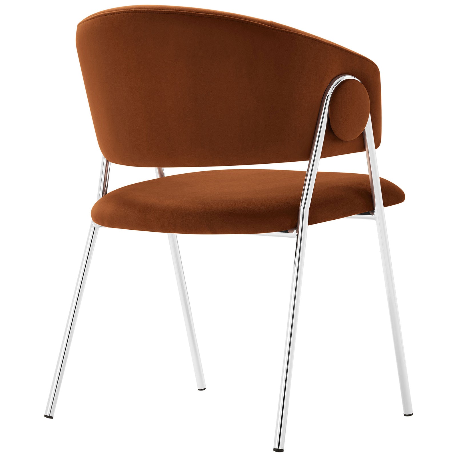 Back view of rust velvet dining chair with wraparound barrel backrest || EEI-7046-RUS-SLV || back_angle_studio