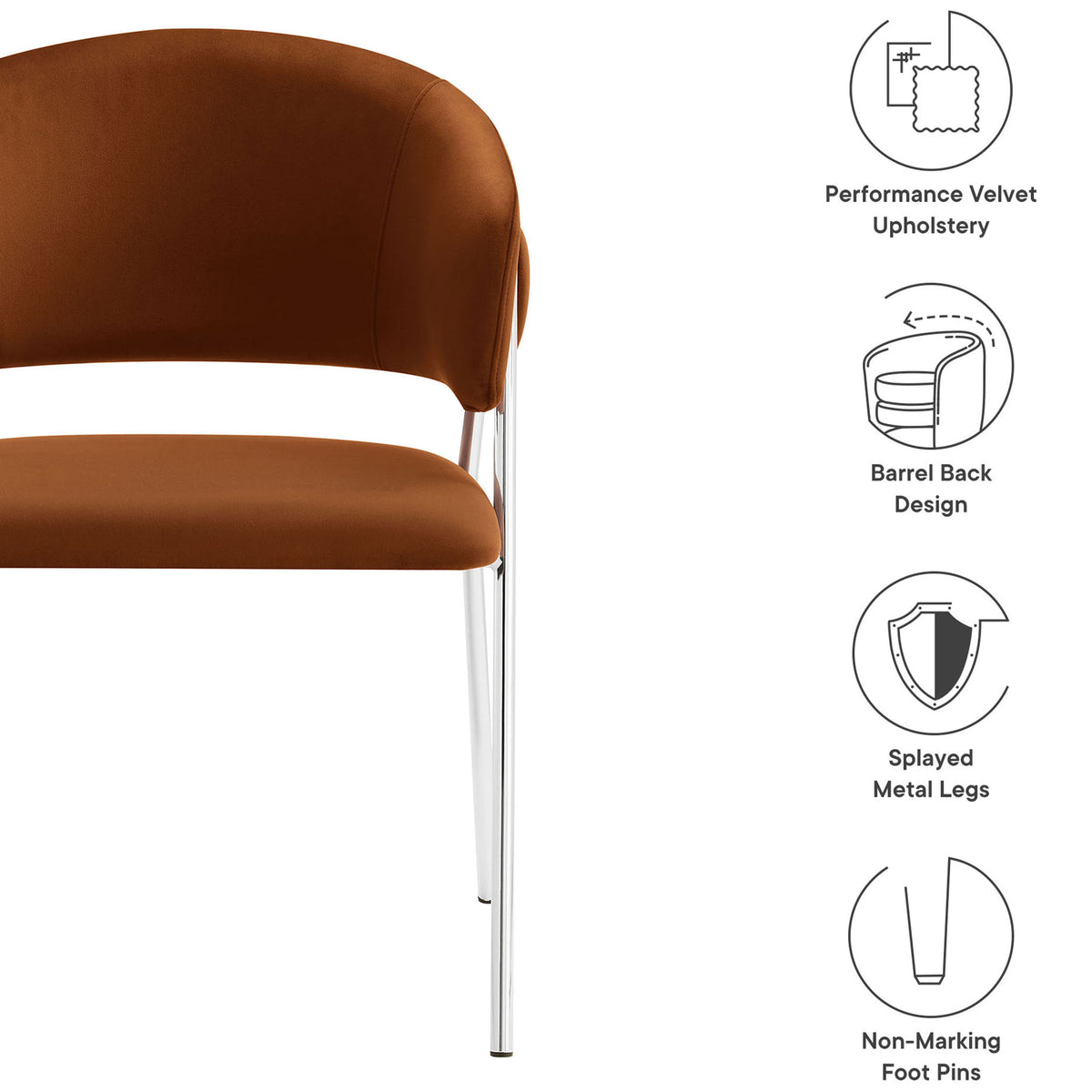 Rust velvet dining chair with barrel back, splayed metal legs, and non-marking feet || EEI-7046-RUS-SLV || callout_studio