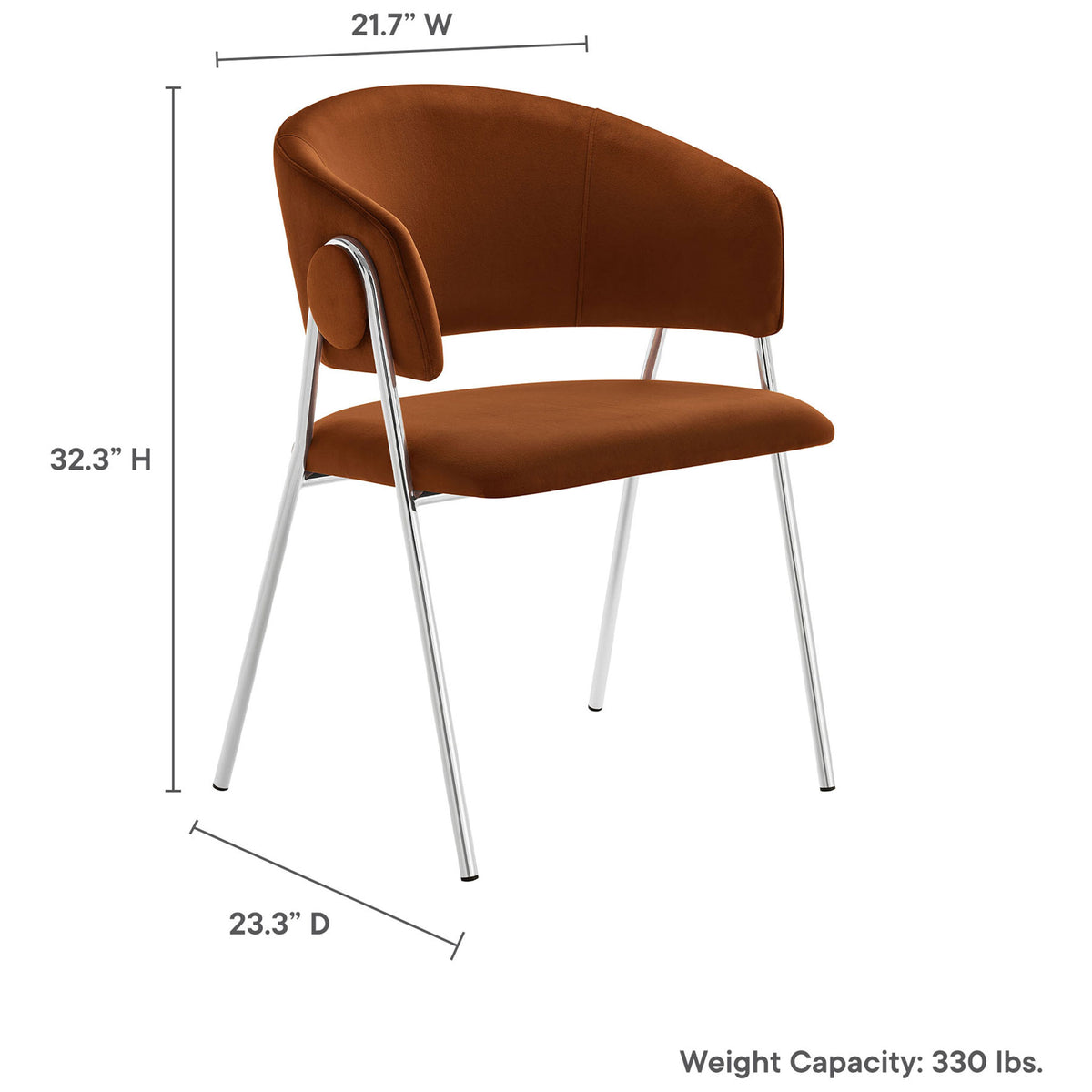 Rust velvet dining chair with dimensional view and noted 330 lb weight capacity || EEI-7046-RUS-SLV || dimension_studio