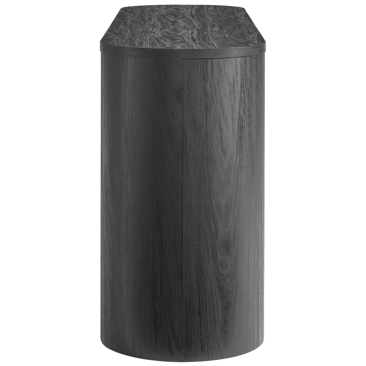 Curved end panel showcases the smooth black wood grain finish and seamless modern profile of the sideboard || EEI-7050-BLK || detail_studio
