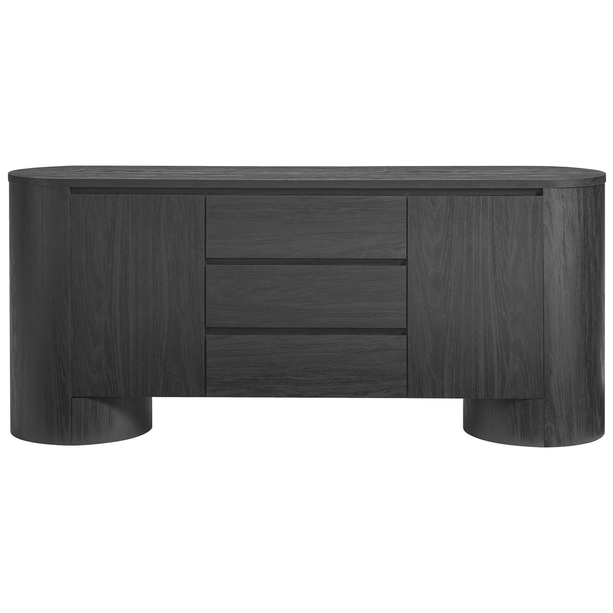 Rounded black sideboard with three center drawers and two cabinets for sleek, versatile storage || EEI-7050-BLK || front_studio